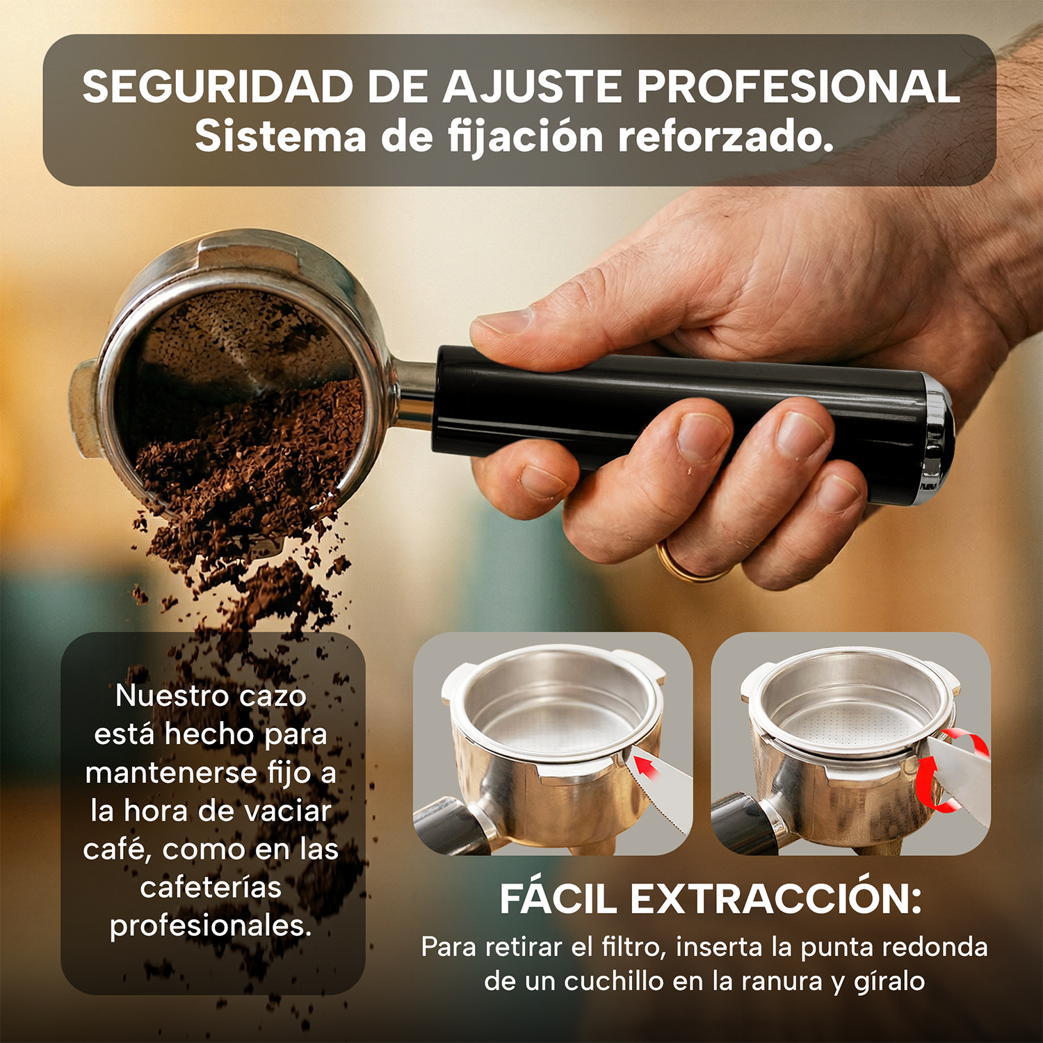 Mano sosteniendo un portafiltro vaciando café molido, con instrucciones para retirar el filtro.