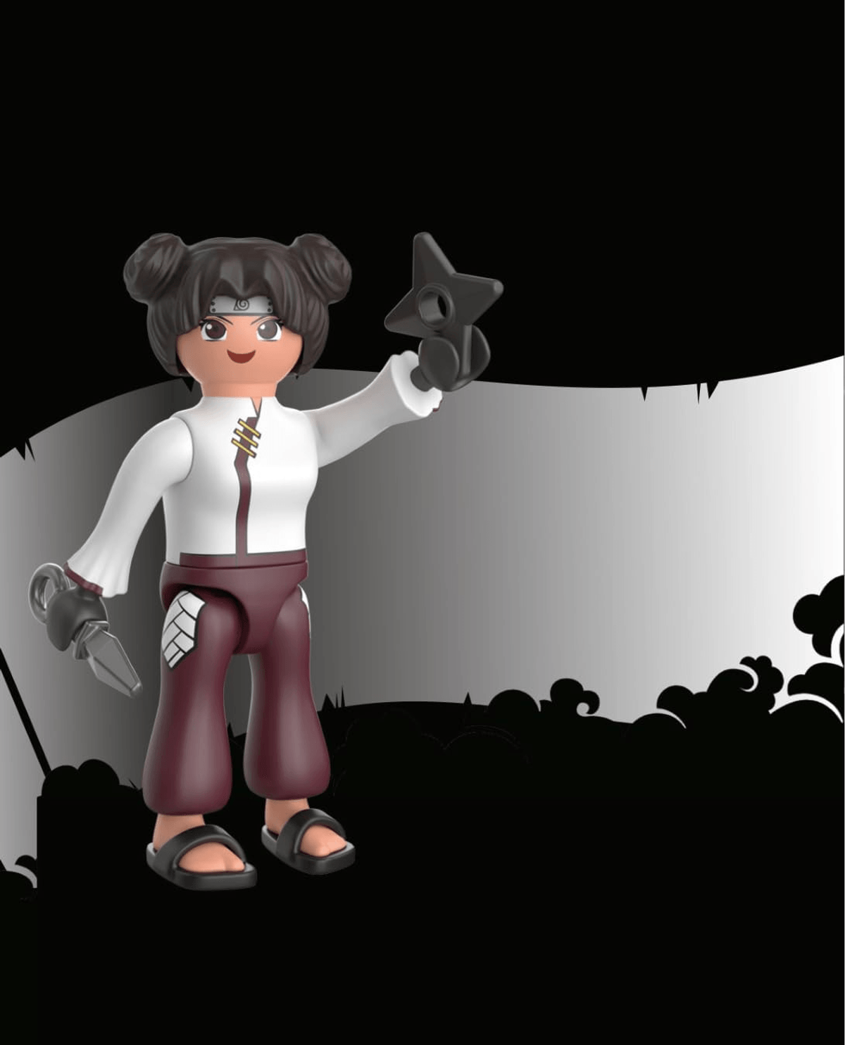 Una figura de juguete con dos rodetes, cinta en la cabeza, blusa blanca y pantalones rojos sostiene un shuriken.