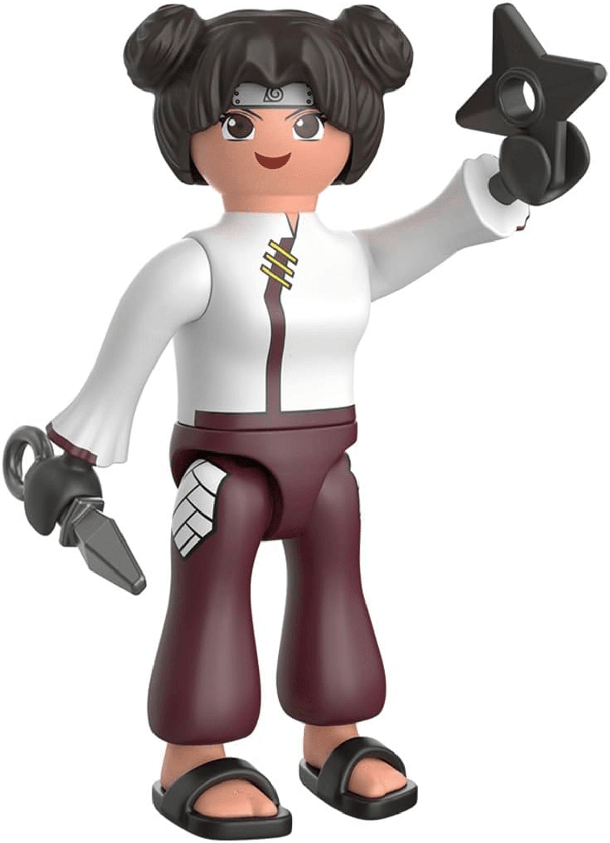 Figura de Playmobil estilo Naruto con moños, traje blanco y rojo, y un shuriken, sobre fondo blanco.