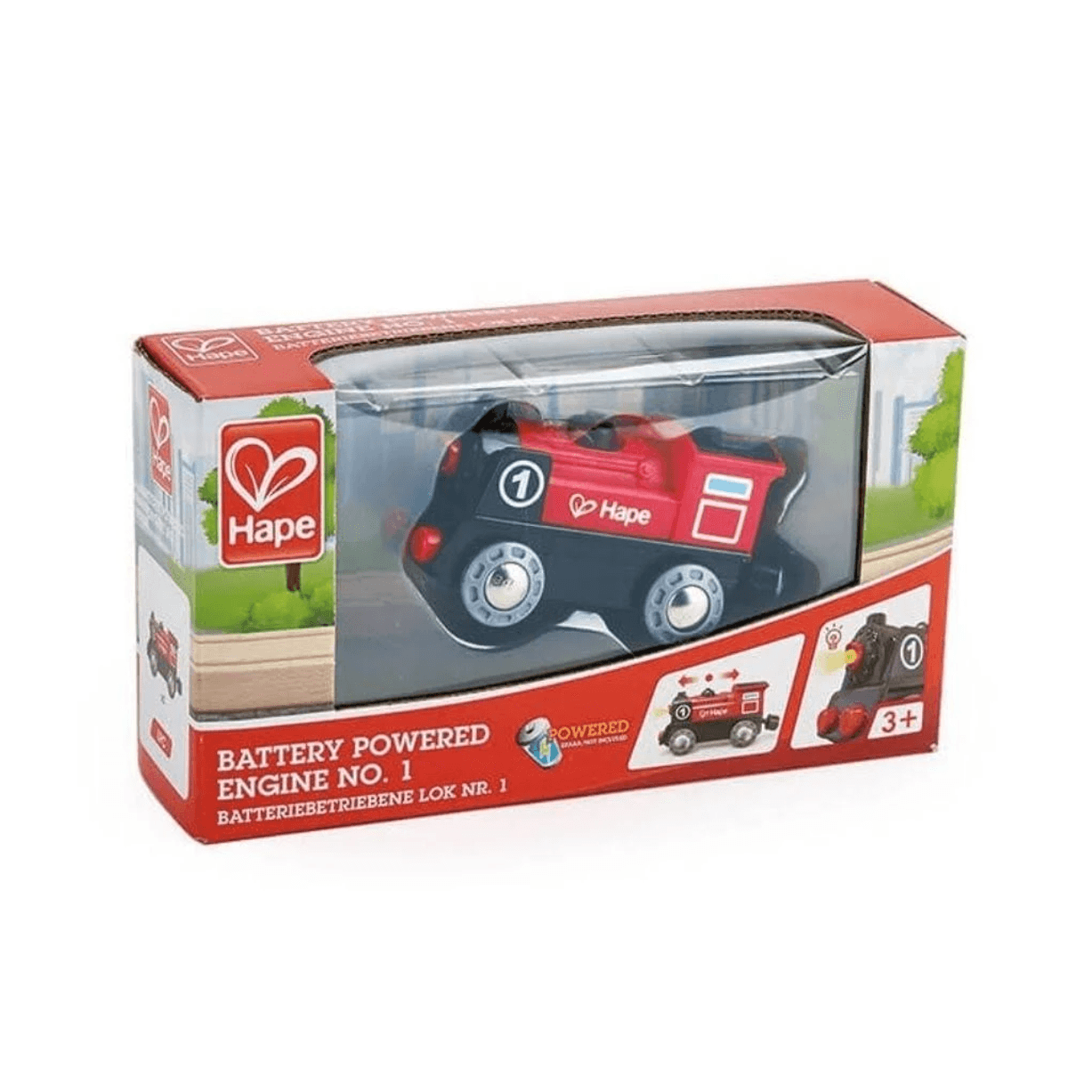Embalaje para un motor a pilas rojo Hape número 1 sobre un fondo blanco.