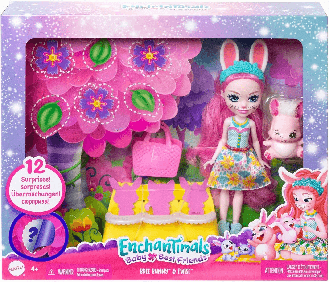 Enchantimals Bree Bunny Puppe mit pinken Haaren und Häschen in bunter Spielzeugbox mit Zubehör.