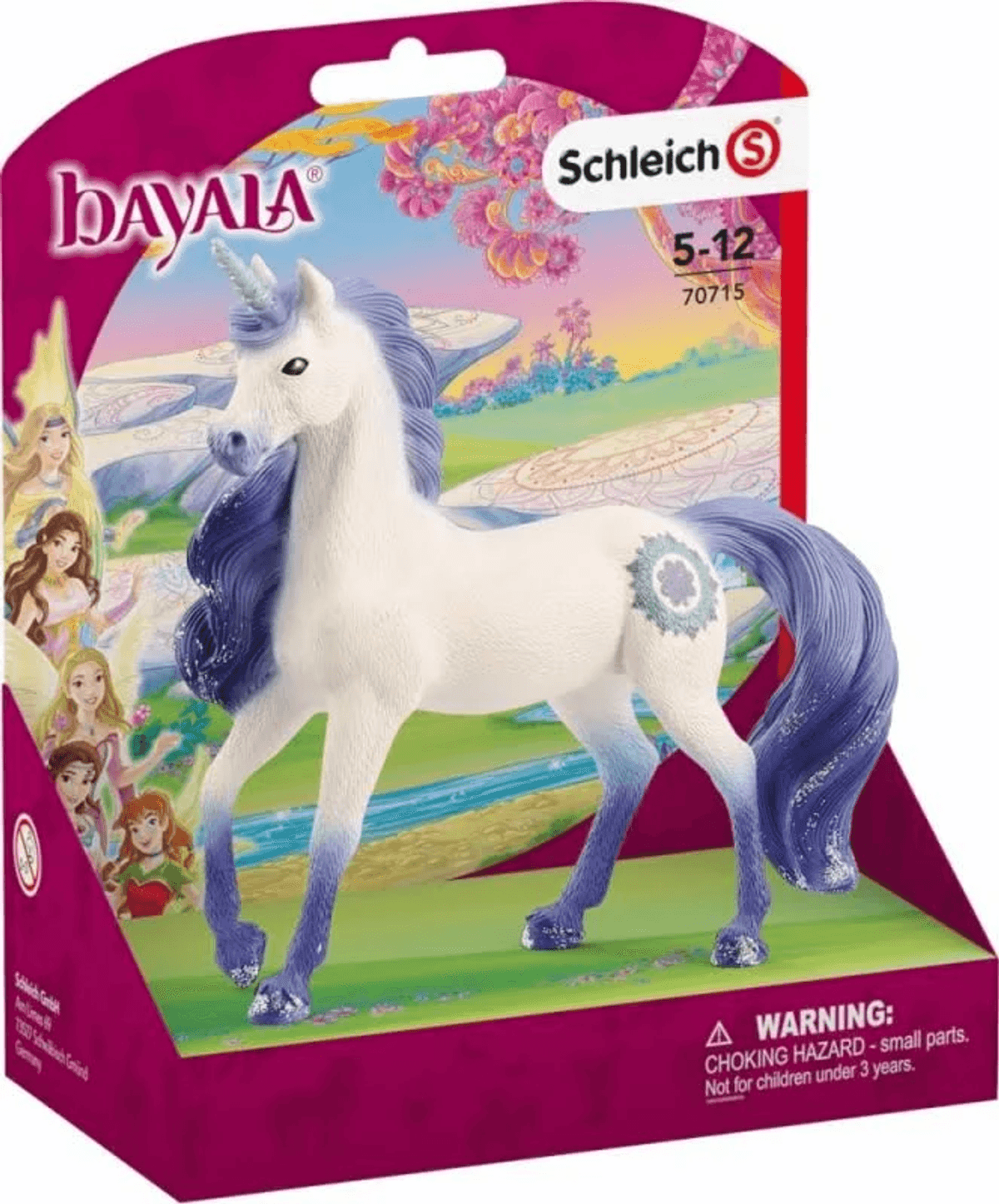 Eine weiße Schleich Bayala Einhornfigur mit lilafarbenen Mähnen in einer bunten Verpackung.