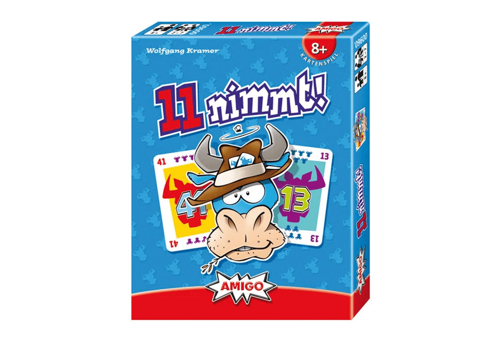 Blaue Kartenspielbox mit einer Zeichentrick-Kuh mit Hut im Vordergrund.