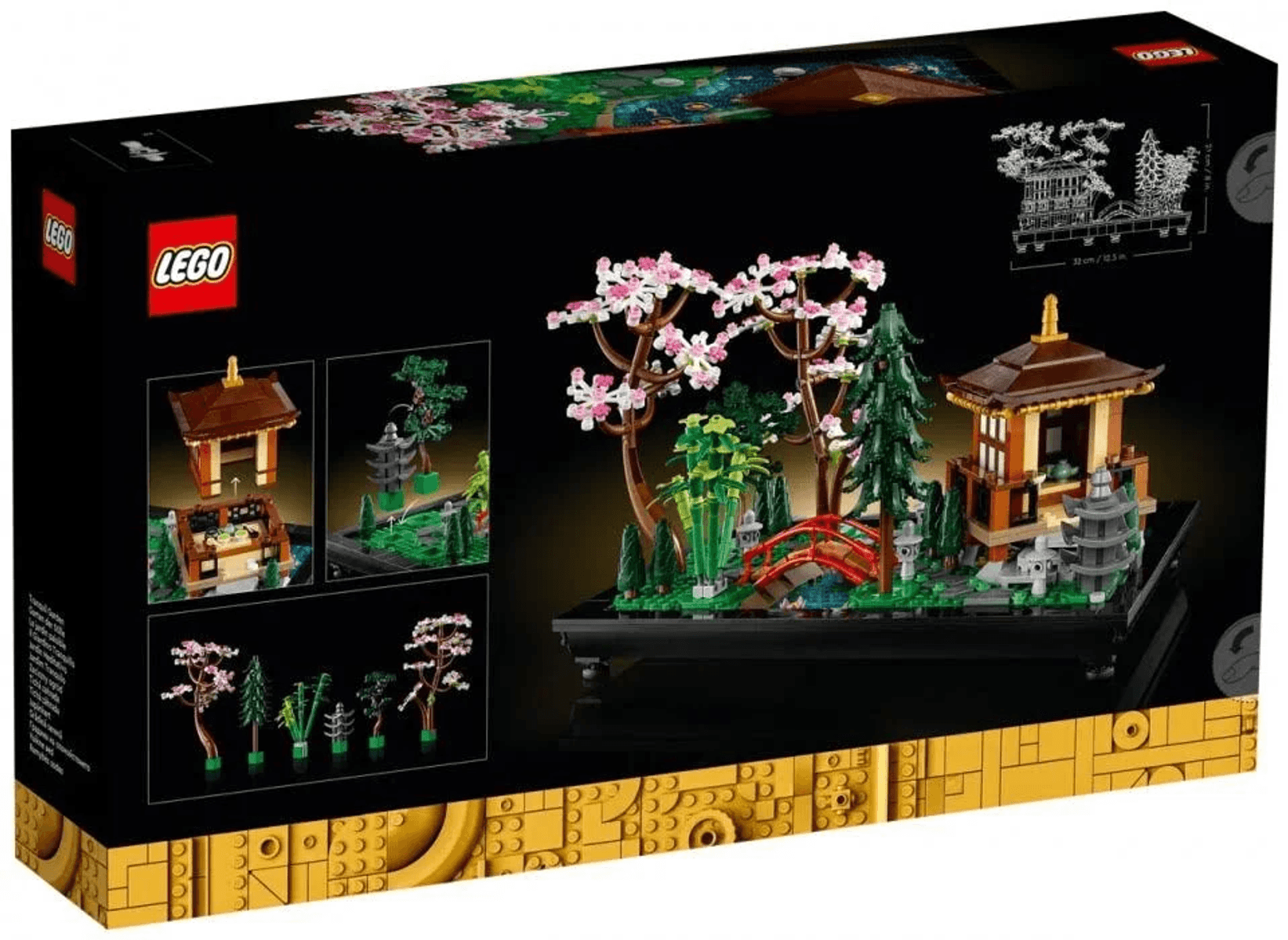 Caja de Lego que muestra un jardín japonés con cerezos, puente, árboles y pabellón sobre base negra.