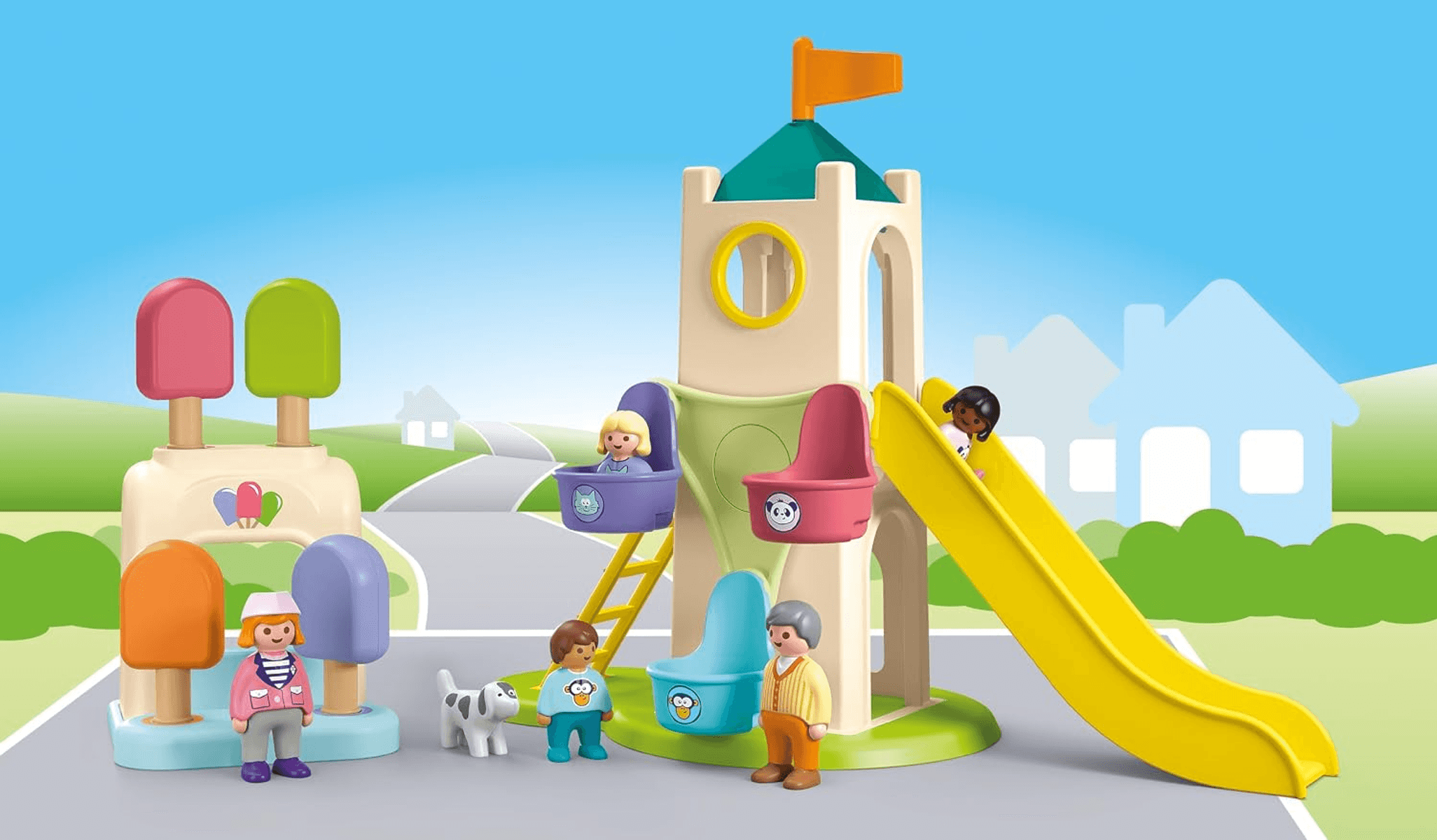 Colorido juego de parque infantil con figuras, un tobogán y un carrusel frente a un paisaje.