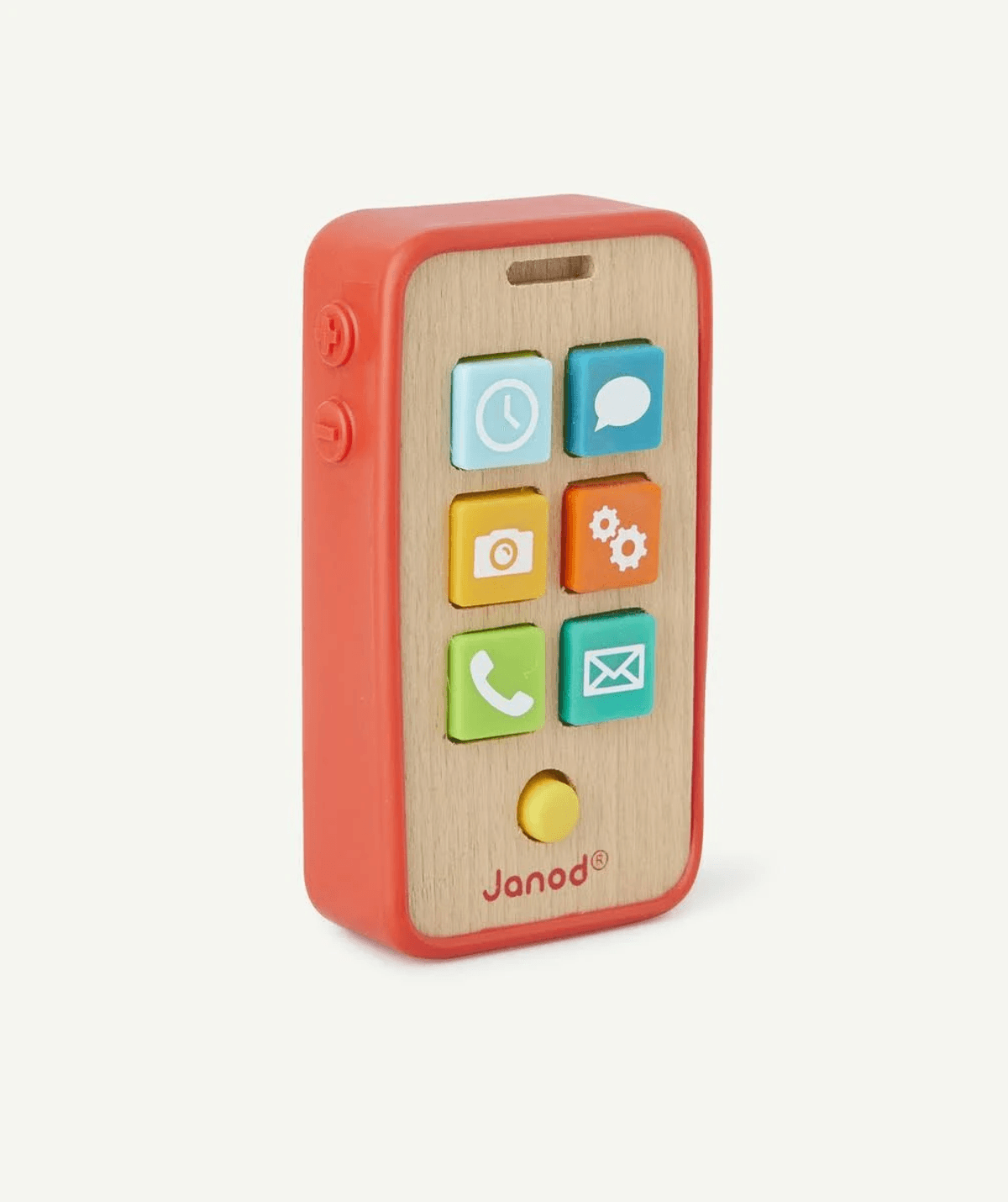 Un teléfono de juguete de madera roja con botones coloridos sobre un fondo claro.