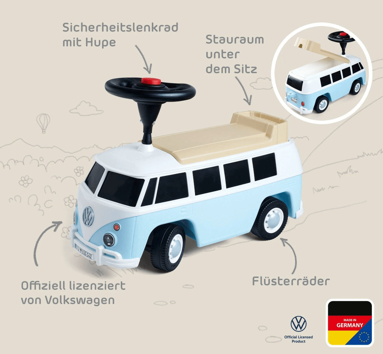 Coche caminador VW azul claro y blanco con volante, bocina, ruedas silenciosas y almacenamiento.