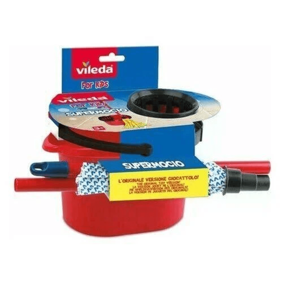 Ein Vileda Kinder-Mop-Set mit rotem Eimer, Mop und blau-gelber Verpackung.