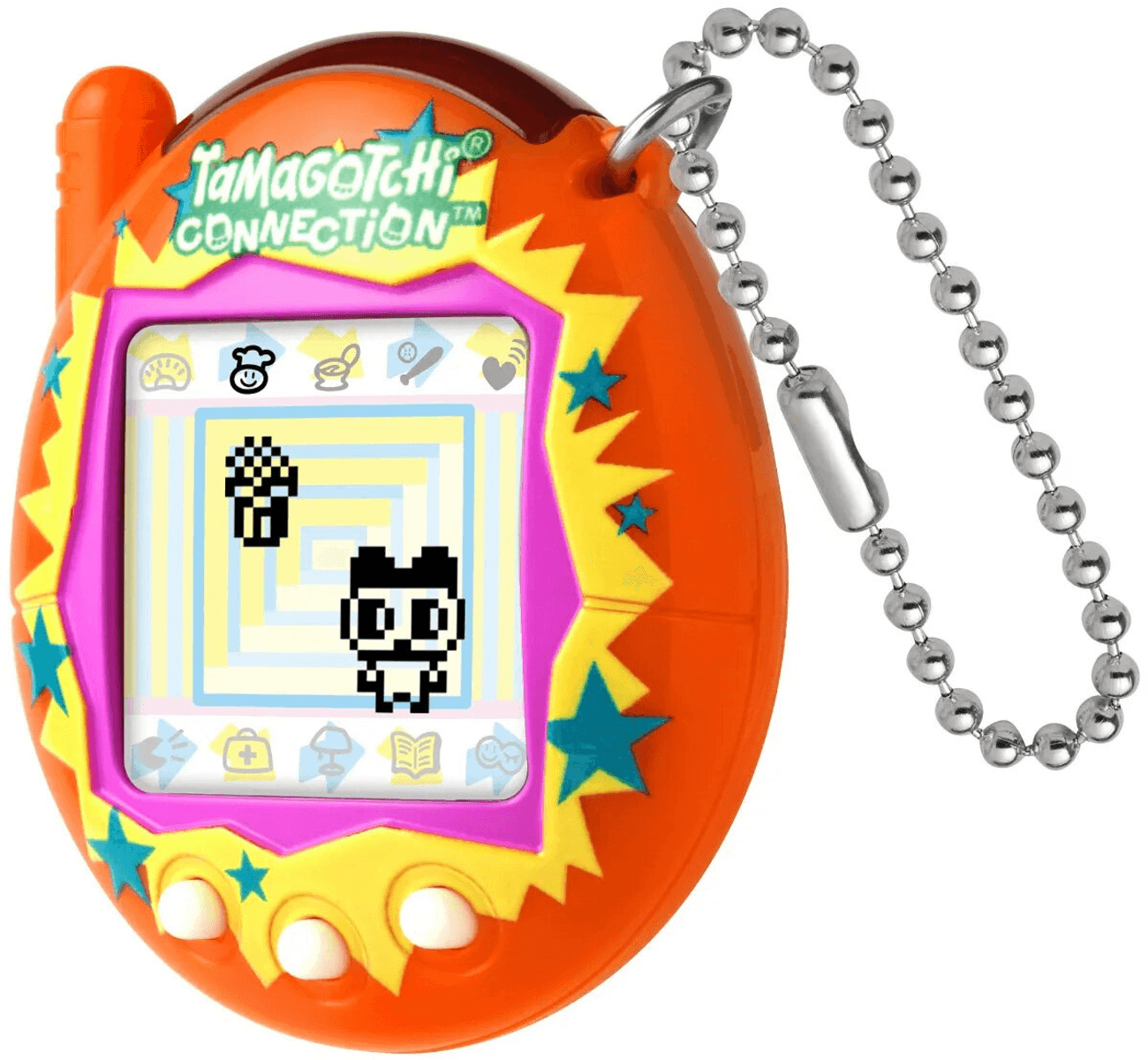 Pomarańczowe Tamagotchi Connection z łańcuszkiem i cyfrowym zwierzakiem na ekranie.