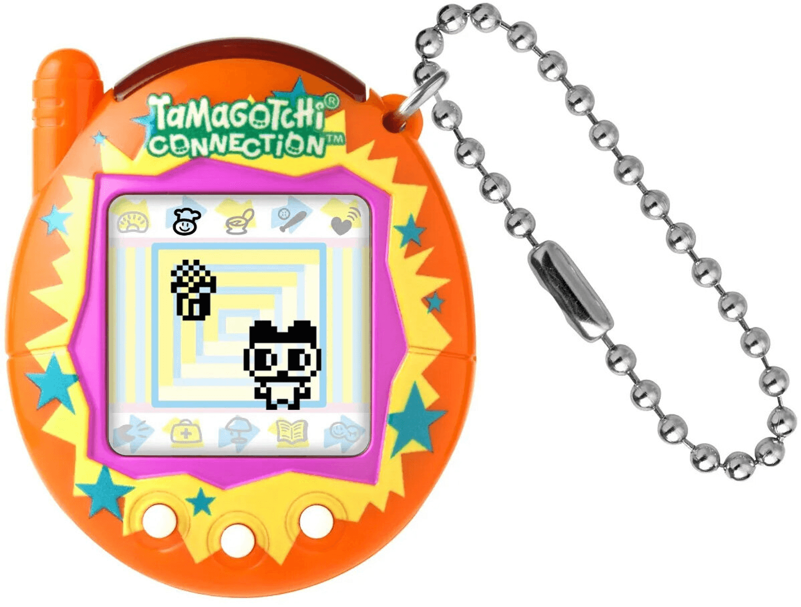 Pomarańczowy Tamagotchi Connection z łańcuszkiem, ekran pokazuje zwierzaka pikselowego.