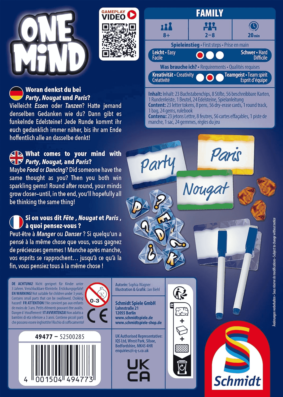 Parte trasera de la caja del juego 'One Mind' con cartas, rotuladores y gemas.
