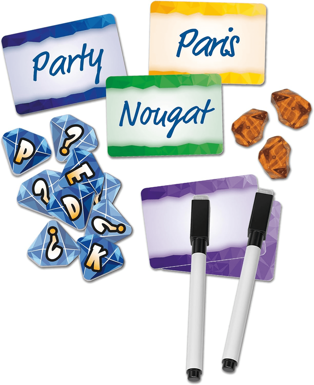 Componentes de juego con tarjetas de colores, palabras como Party y Paris, marcadores de diamantes azules, rotuladores y cristales.