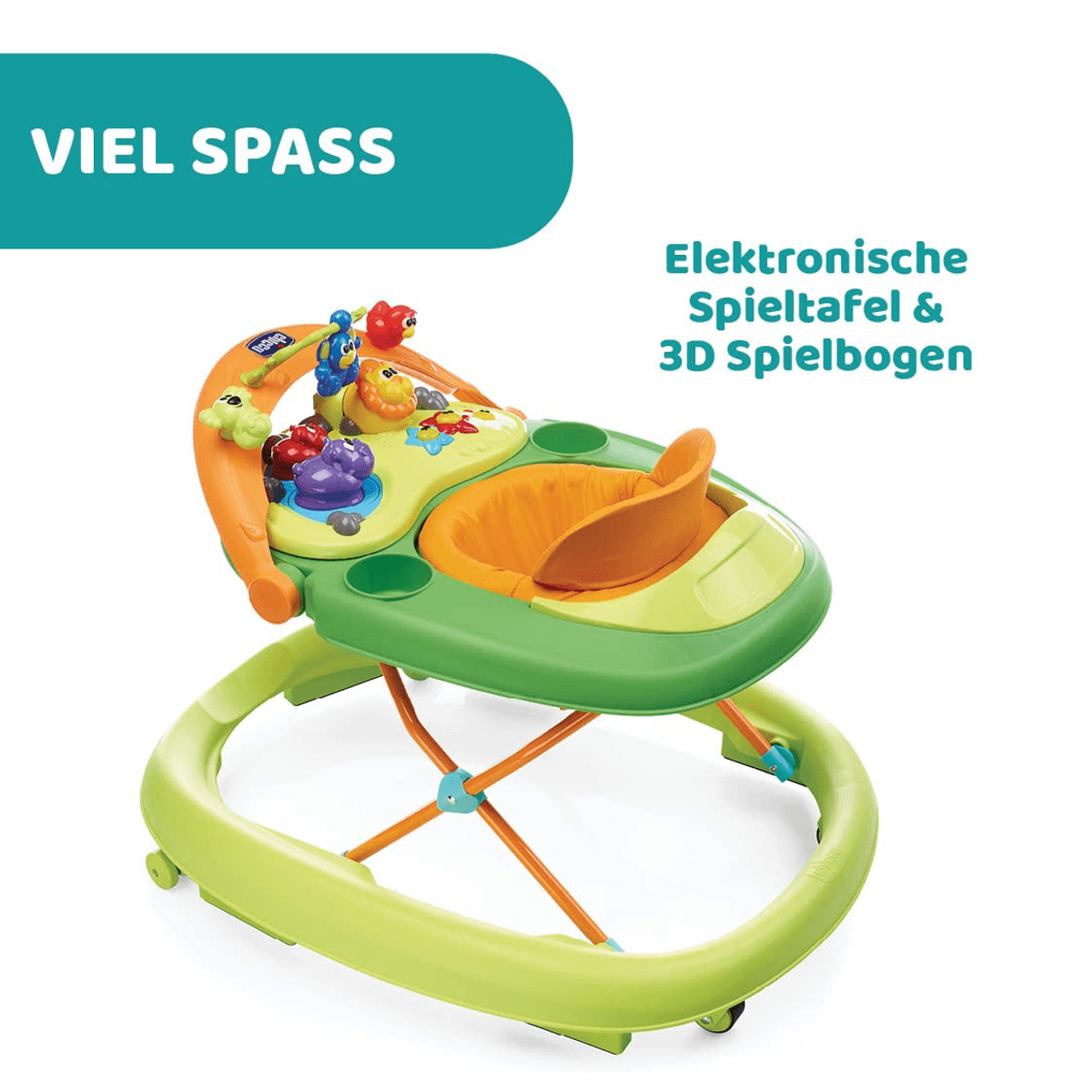 Andador verde y naranja con una mesa de juego electrónica y arco de juguetes.