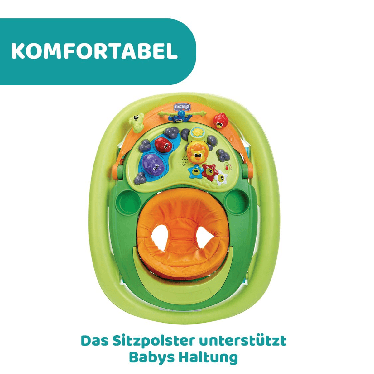 Andador verde para bebés con asiento naranja y juguetes coloridos encima.