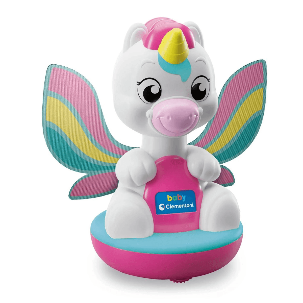 Un juguete de unicornio blanco con alas coloridas y una base rosa sobre fondo blanco.