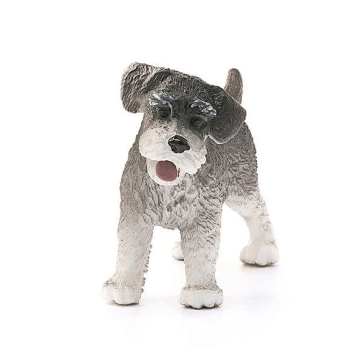 Eine kleine Spielzeugfigur eines grauen Schnauzers mit weißem Bart und offenem Maul auf weißem Hintergrund.