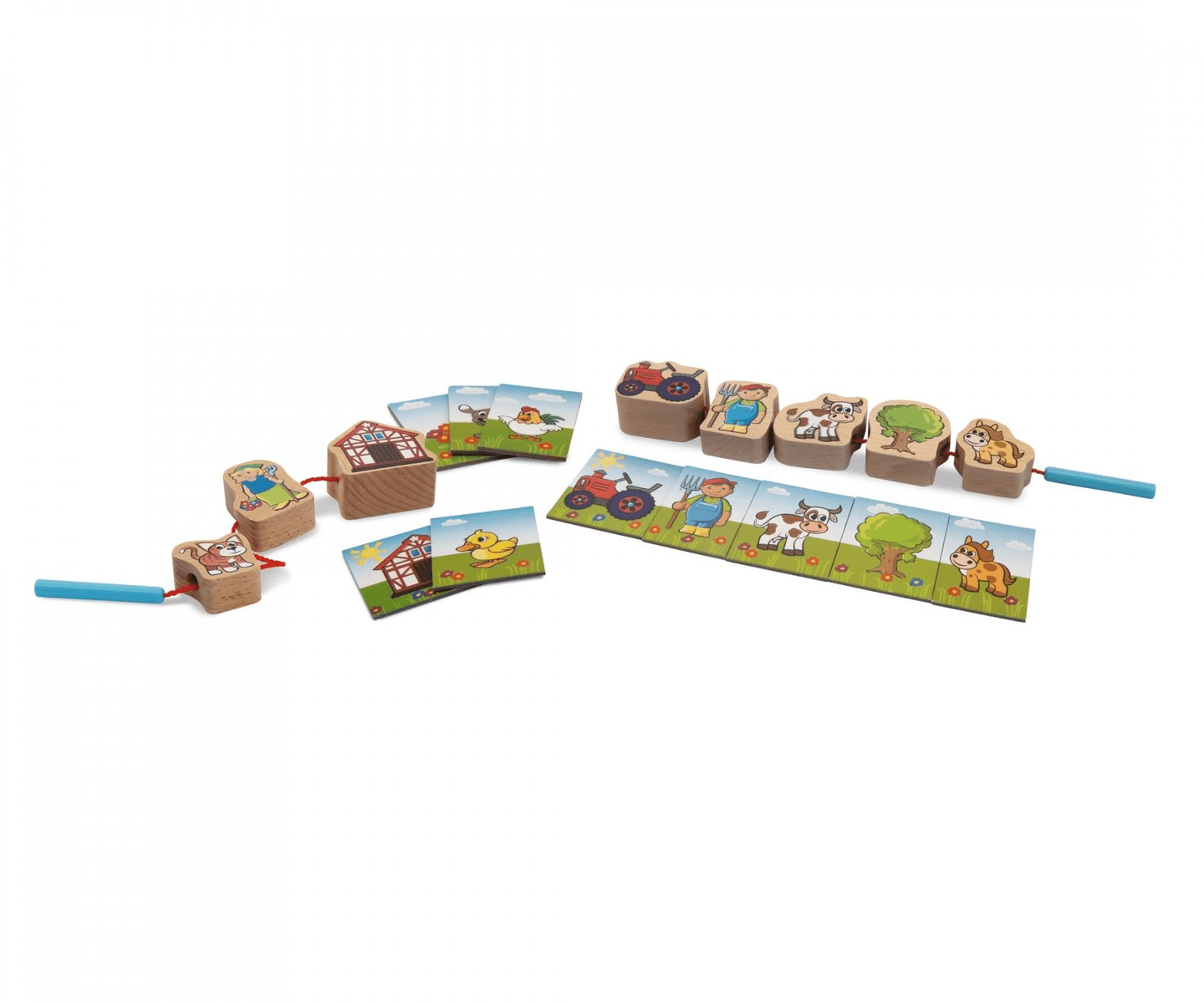 Holz-Fädelspiel mit bunten Bauernhof-Motiven, Karten und Blöcken auf weißem Grund.