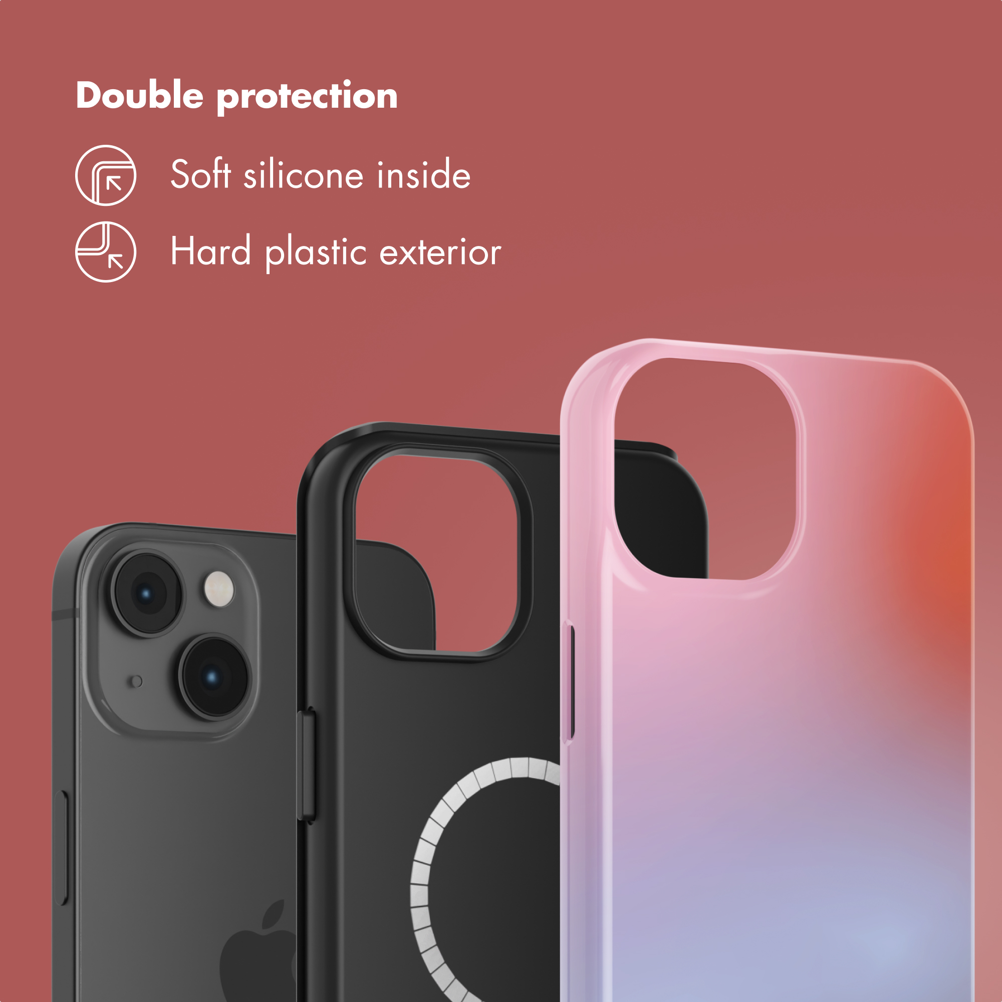 Cover per telefono con silicone morbido all'interno ed esterno in plastica dura su sfondo rosso.