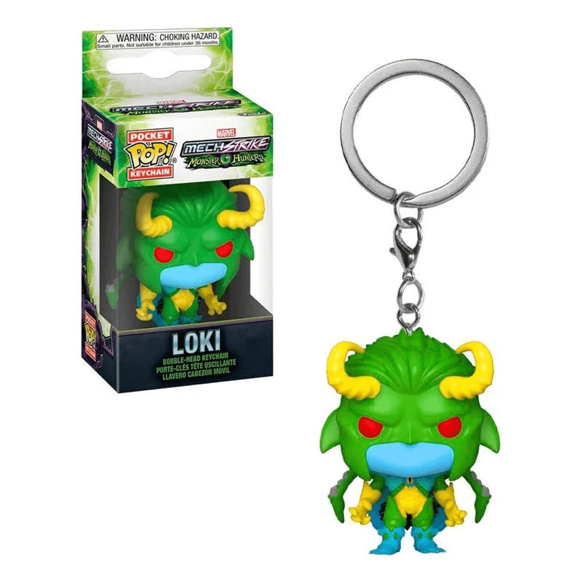 Un llavero Pocket Pop! de Loki de Marvel Mech Strike Monster Hunters y su caja de embalaje.