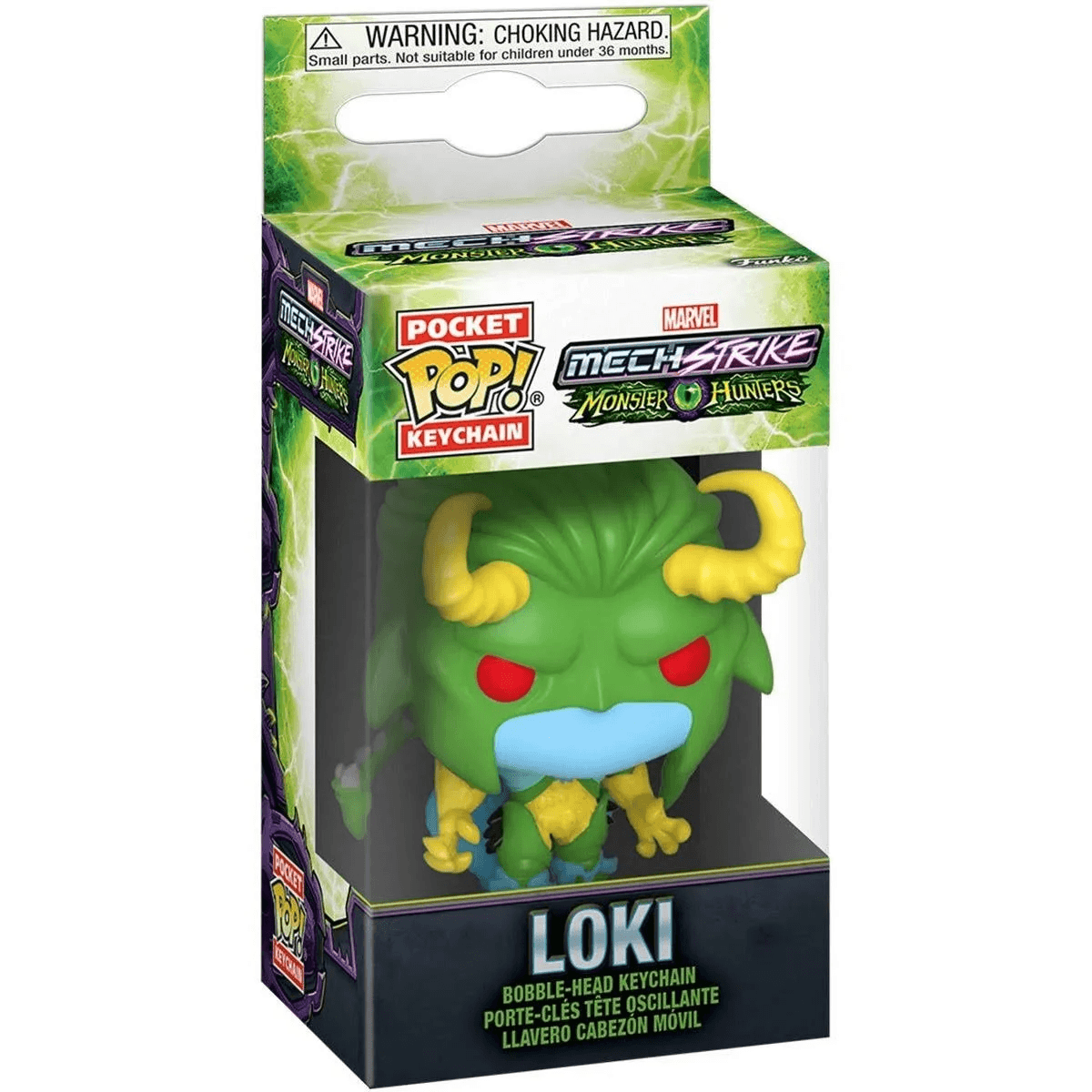 Llavero Loki Pocket Pop! en caja verde y negra con marca Mech Strike Monster Hunters.