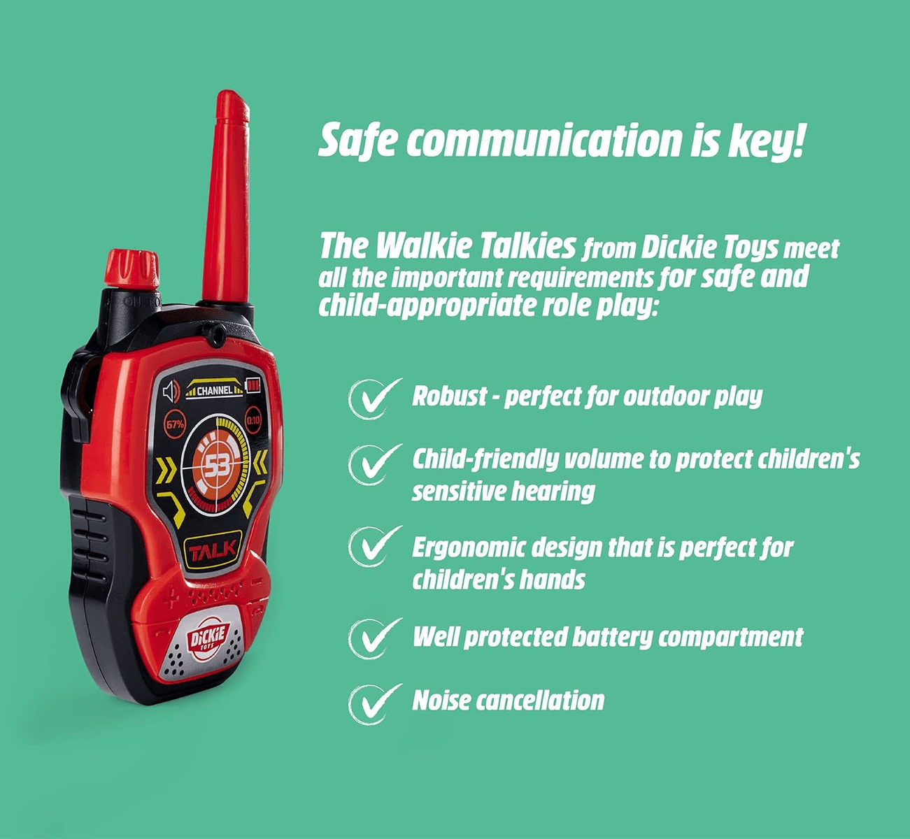 Un walkie-talkie rojo y negro de Dickie Toys sobre fondo verde con características del producto.