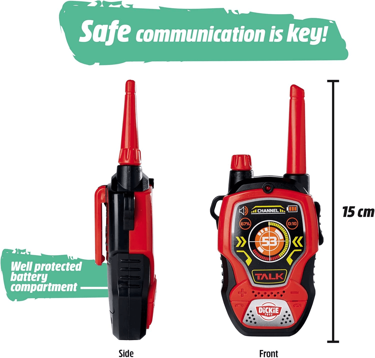 Vista frontal y lateral de un walkie-talkie Dickie Toys rojo y negro de 15 cm de alto y batería protegida.