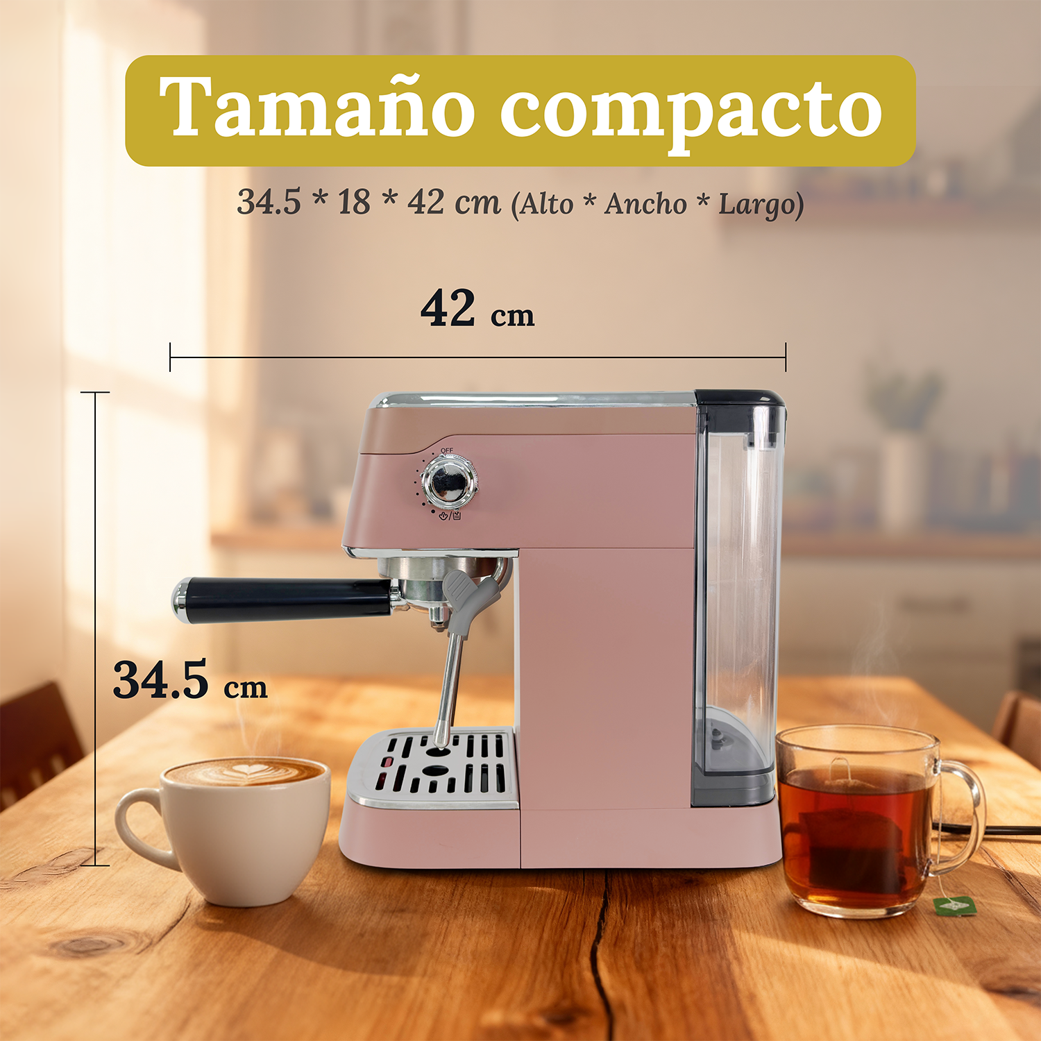 Cafetera espresso rosa compacta en mesa de madera con etiquetas de dimensiones.