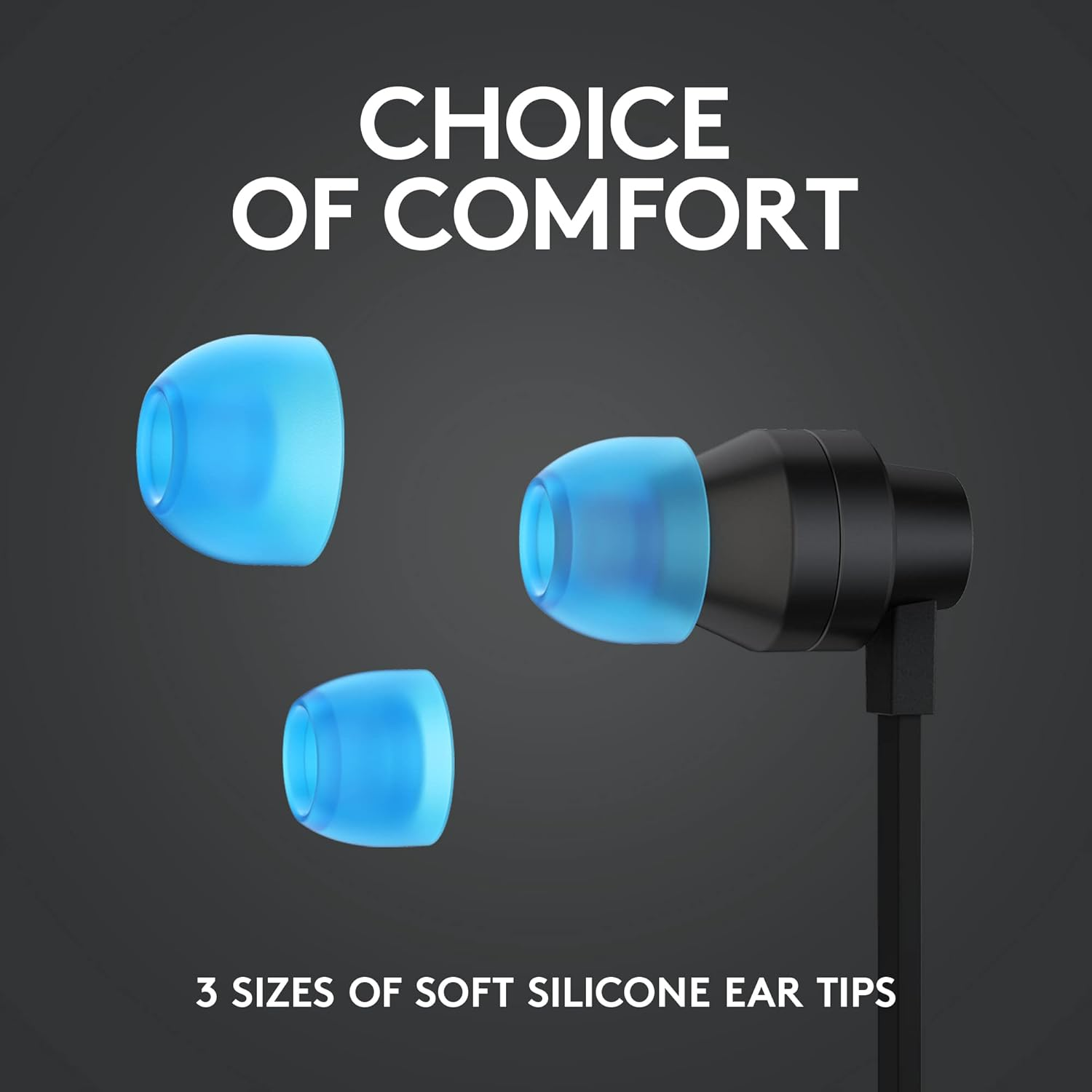 Auriculares negros con tres tamaños diferentes de almohadillas de silicona azul sobre fondo oscuro.