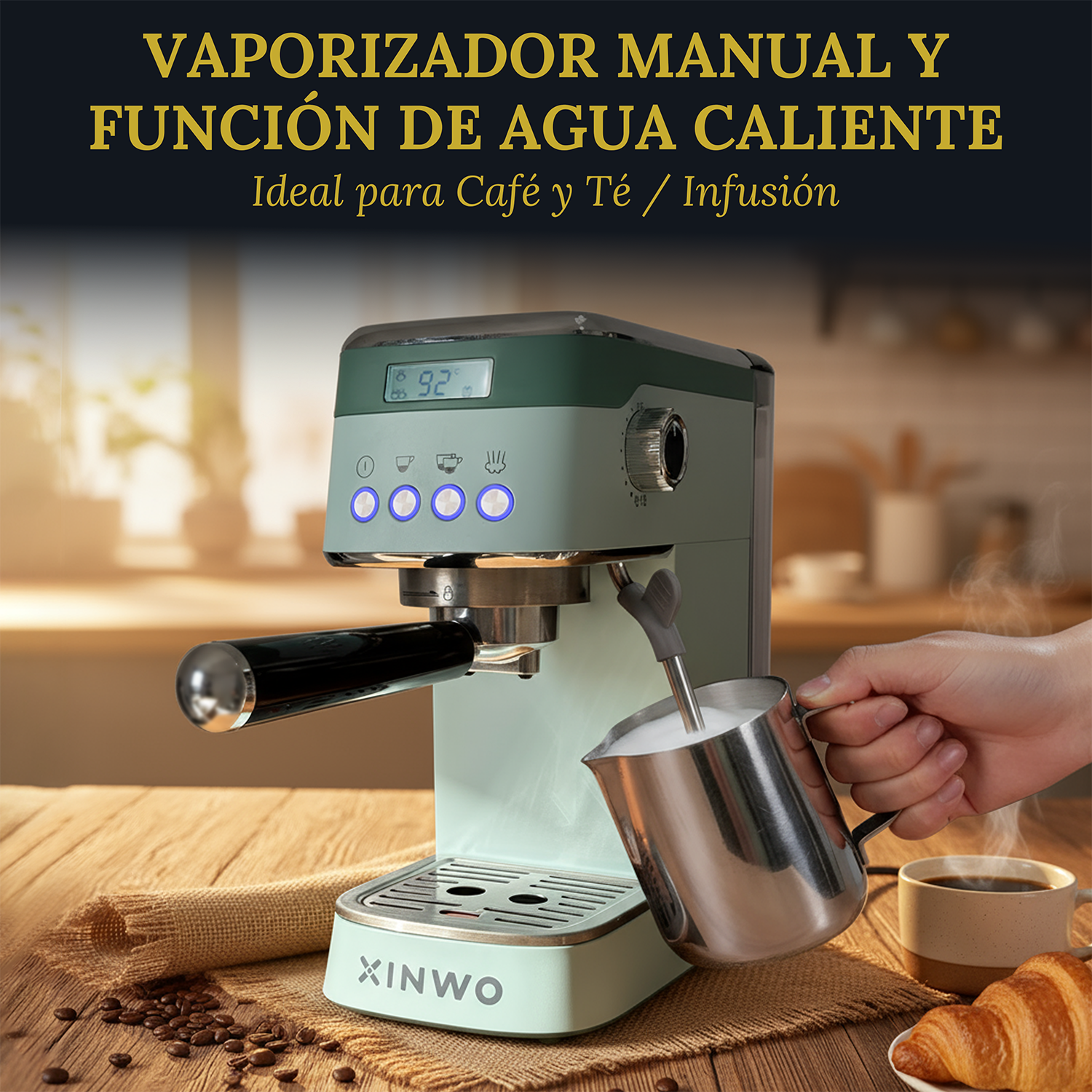 Una cafetera espresso verde menta sobre una mesa de madera, con leche espumada y granos de café.