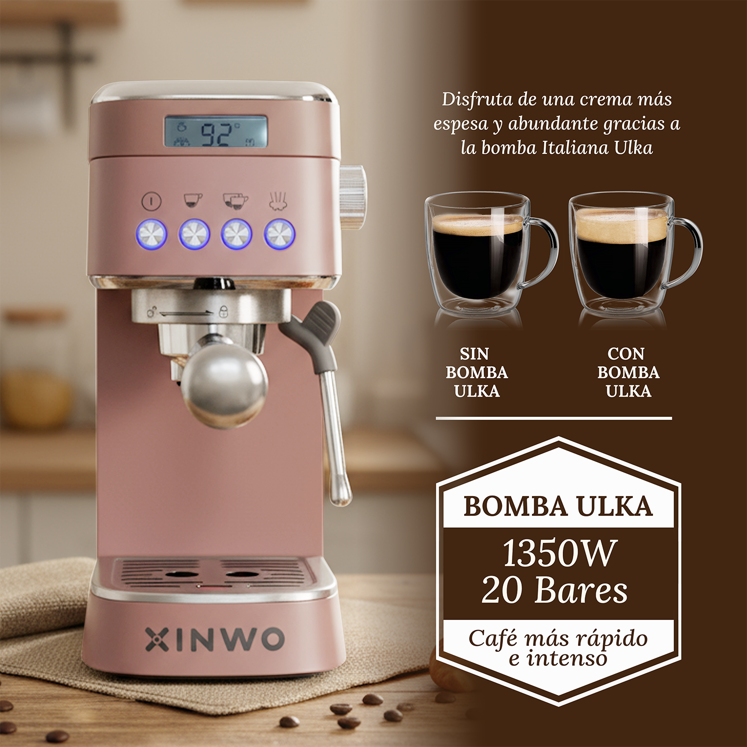 Cafetera Xinwo rosa con comparativa de bomba Ulka, dos tazas de café y texto de especificaciones a la derecha.