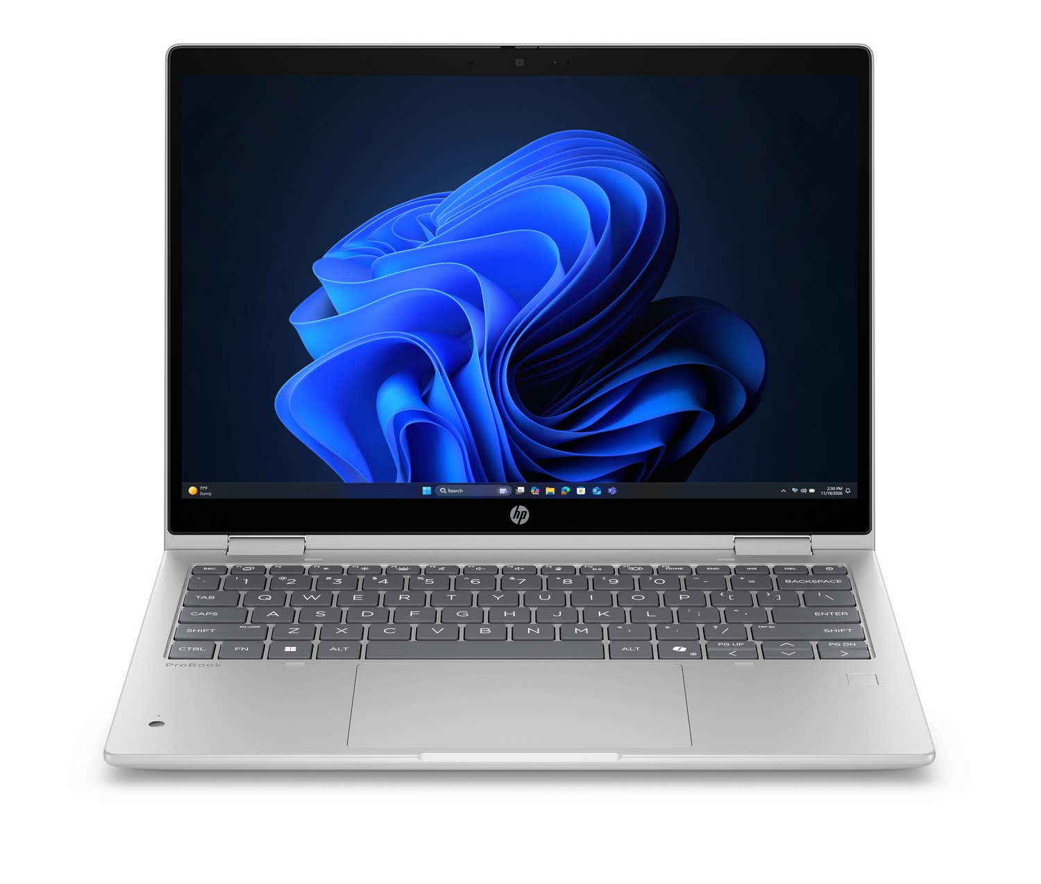 Un laptop HP ProBook argento con tastiera nera e uno sfondo con onde blu sullo schermo.