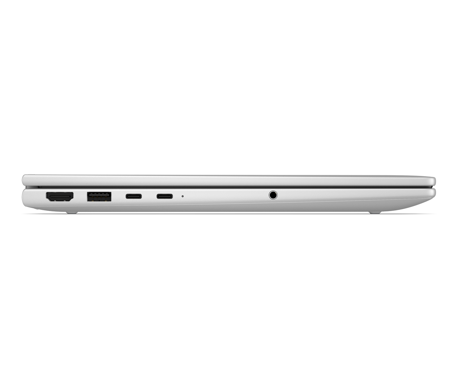 Vista laterale di un laptop argento con porte HDMI, USB e audio su sfondo bianco.