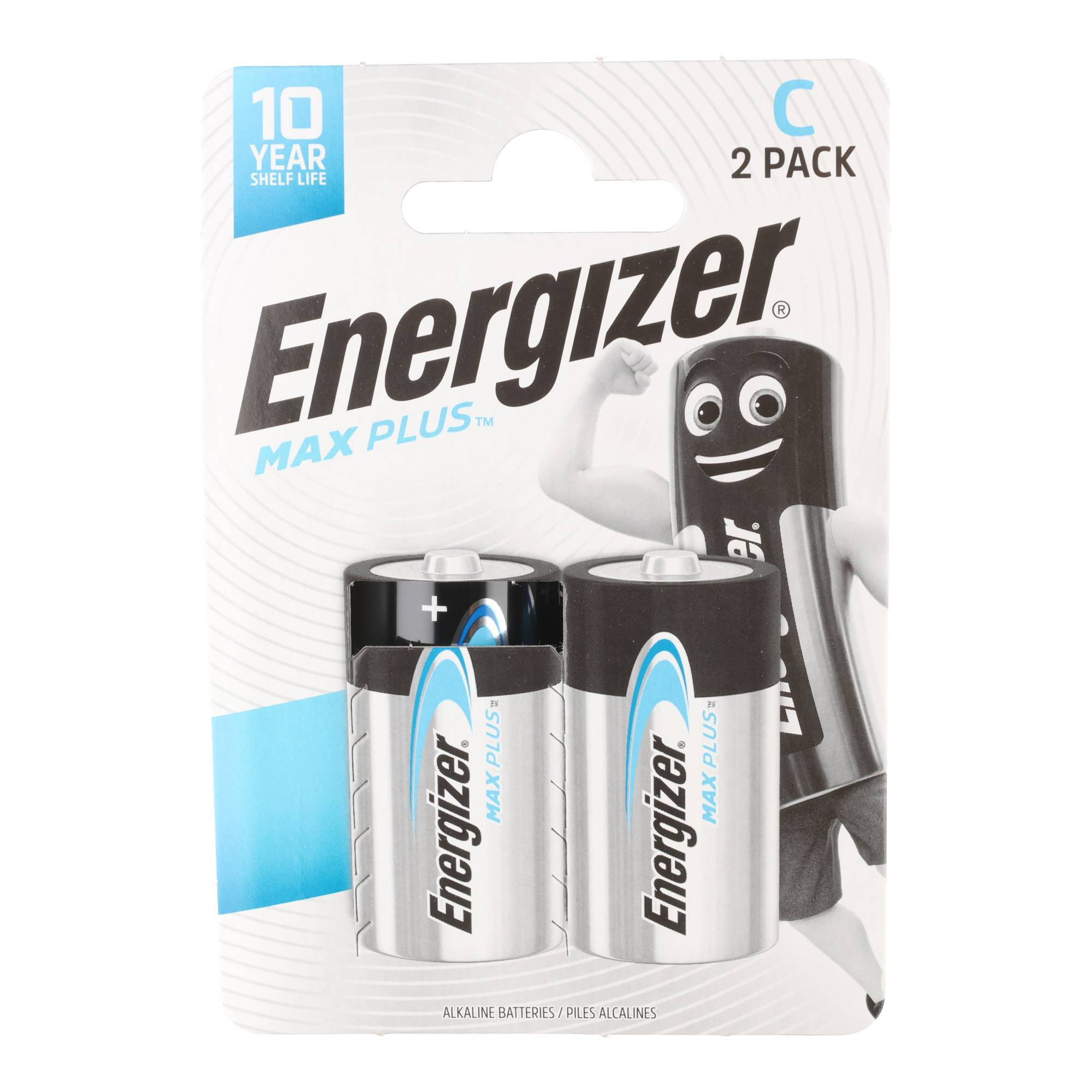 Pilas Energizer Max Plus C en paquete de 2 con mascota.