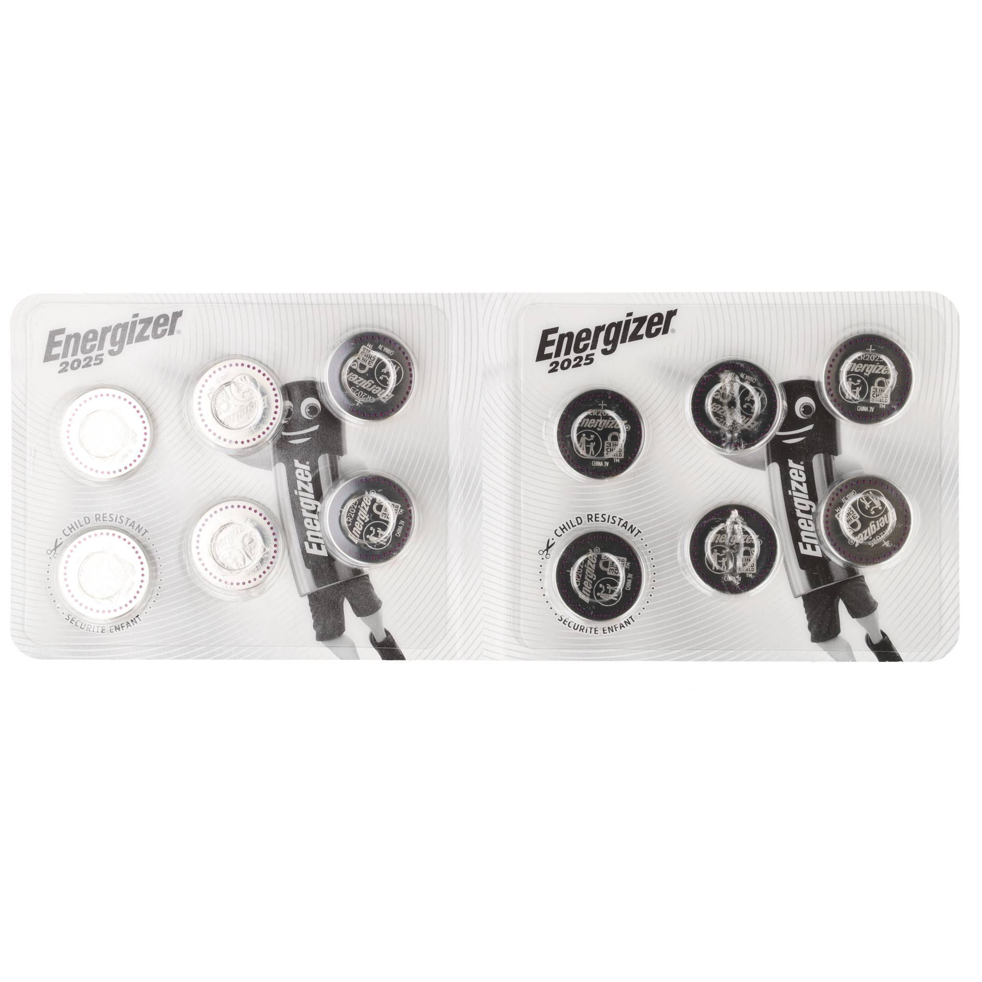 Due blister di batterie a bottone al litio Energizer 2025, a prova di bambino e sigillati.