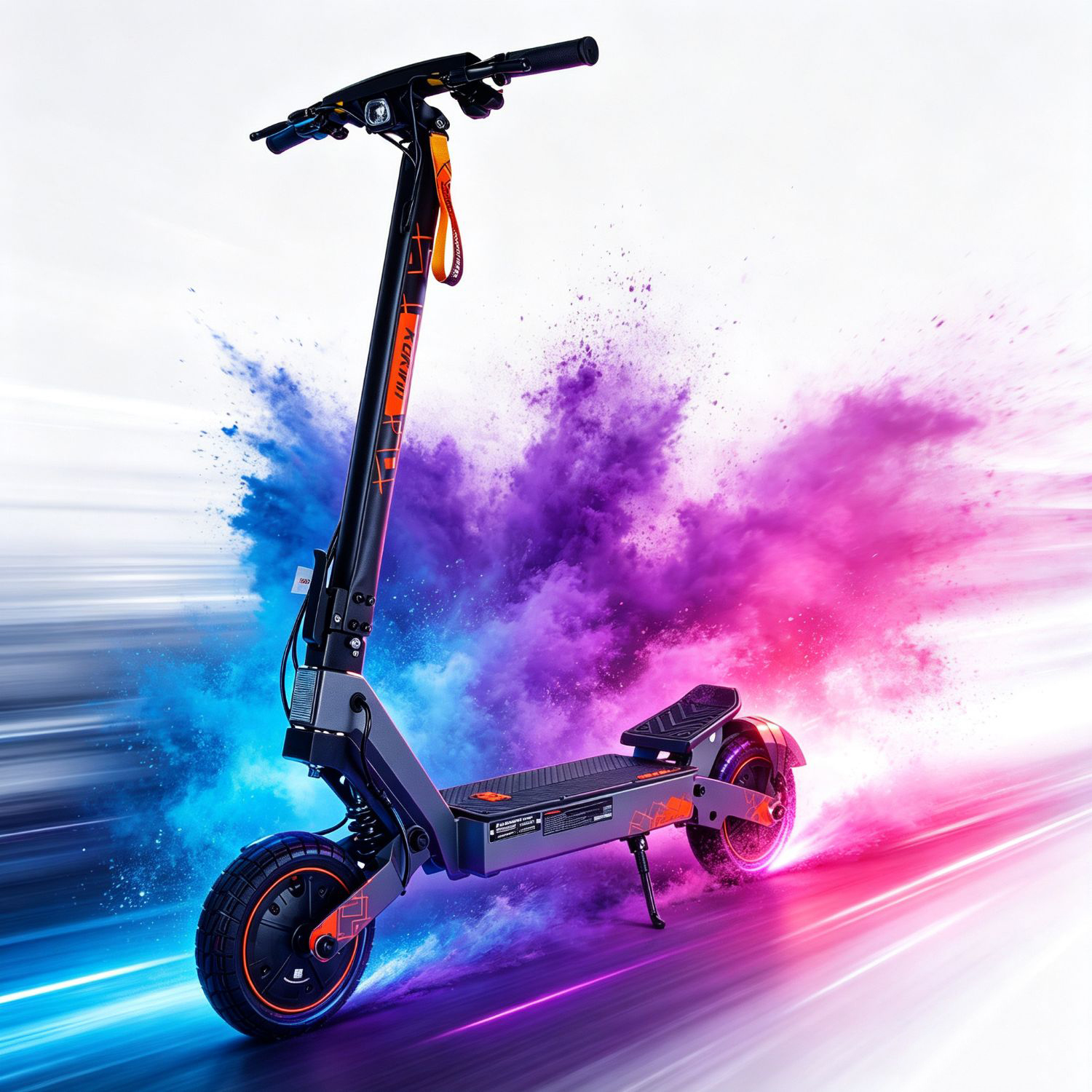 Un monopattino elettrico nero si erge su uno sfondo di polvere blu e rosa.