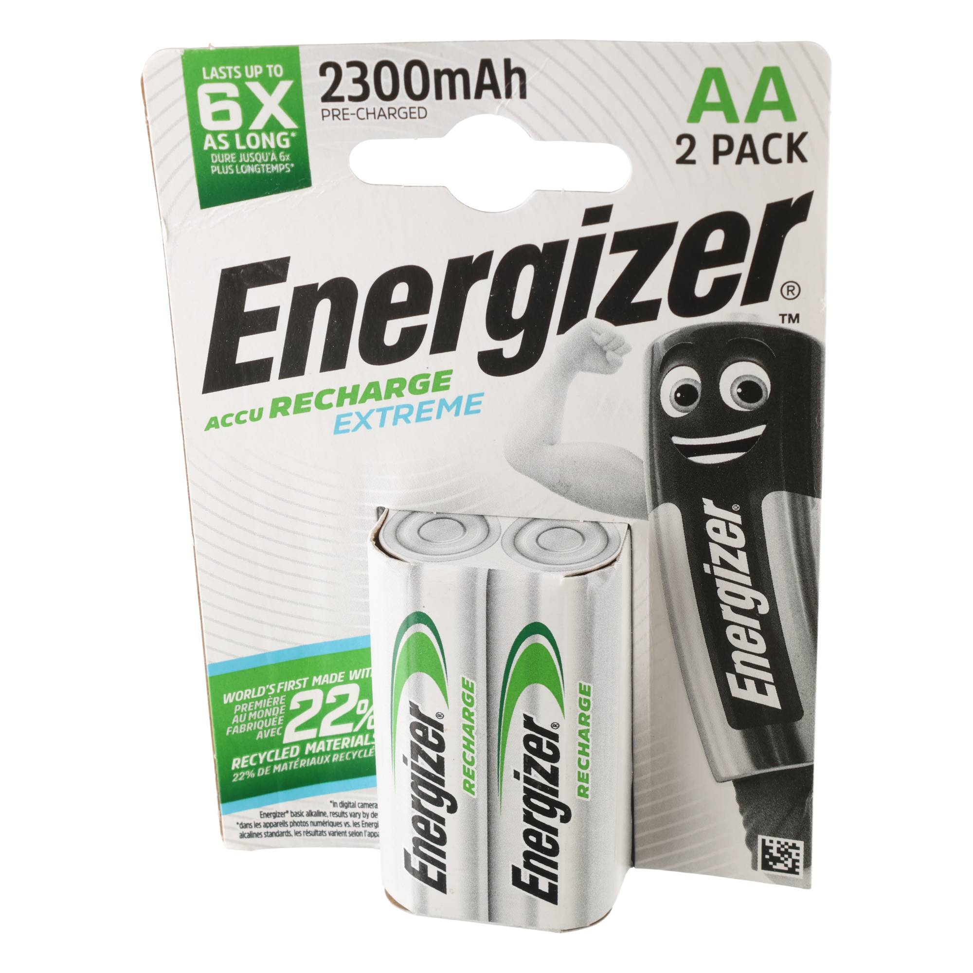 Paquete de 2 pilas recargables Energizer AA con empaque verde y blanco.