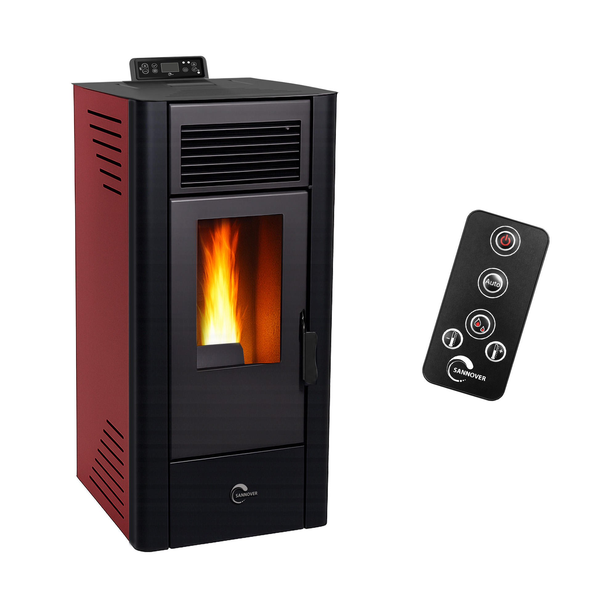 Una estufa de pellets roja y negra con fuego encendido dentro de la ventana de cristal y un control remoto al lado.