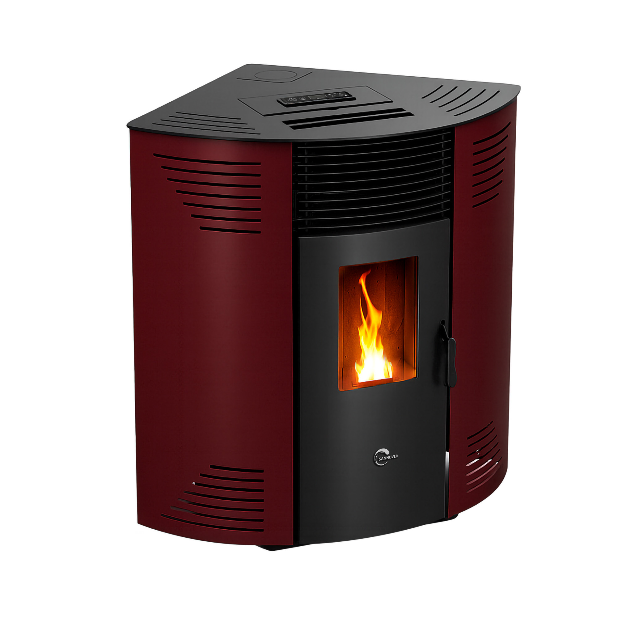 Ein rot-schwarzer Pellettofen mit einer Glastür, die eine brennende Flamme zeigt, vor weißem Hintergrund.