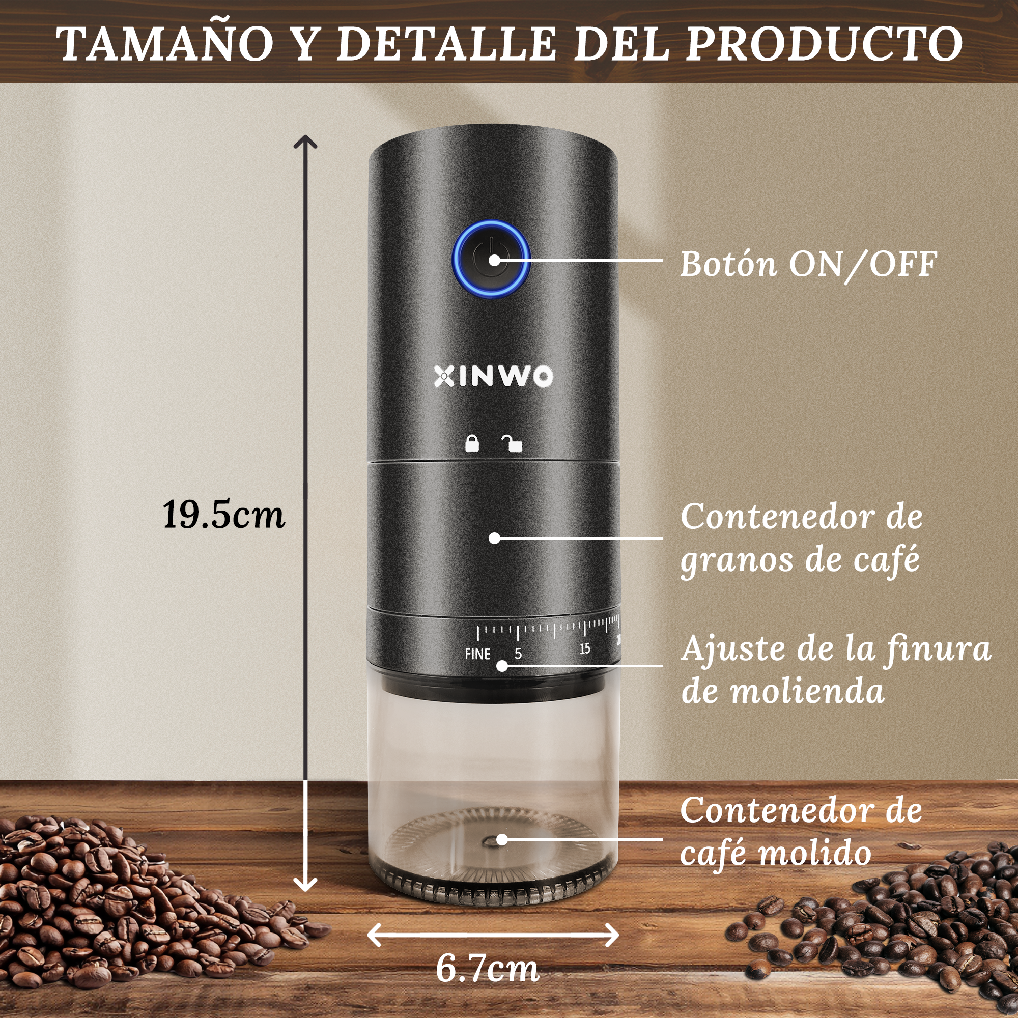 Molinillo de café eléctrico negro con dimensiones, botones y granos de café en una mesa.