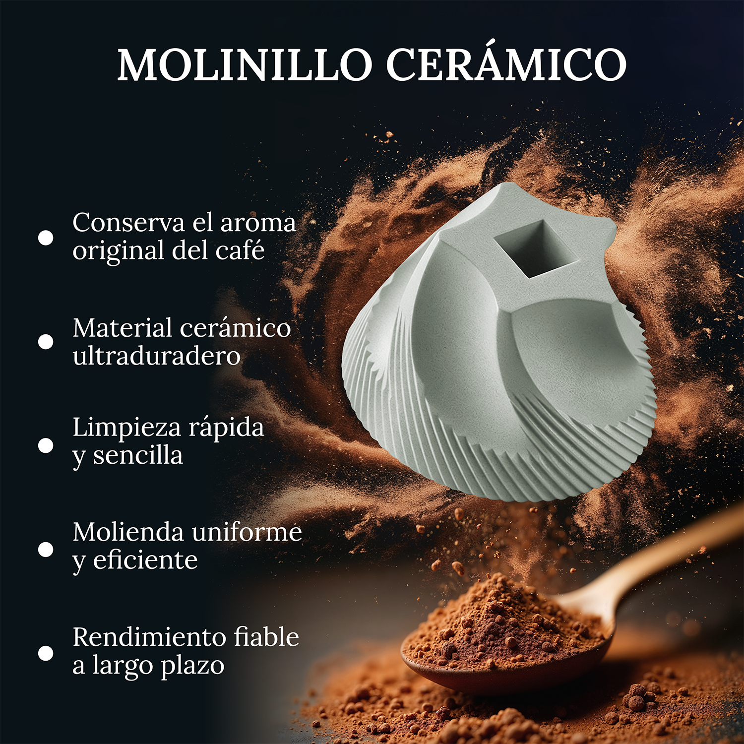 Muelas de cerámica gris con café molido y texto sobre fondo negro.