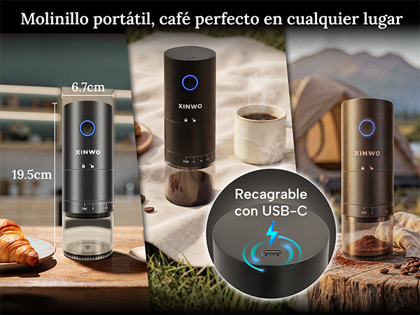 Molinillo de café negro portátil con carga USB-C mostrado en varios escenarios.