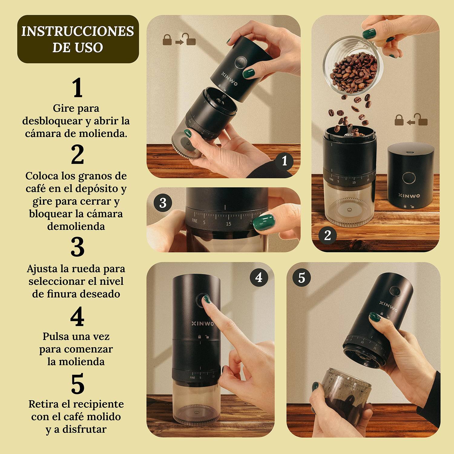 Guía de cinco pasos para usar un molinillo de café eléctrico negro sobre madera.