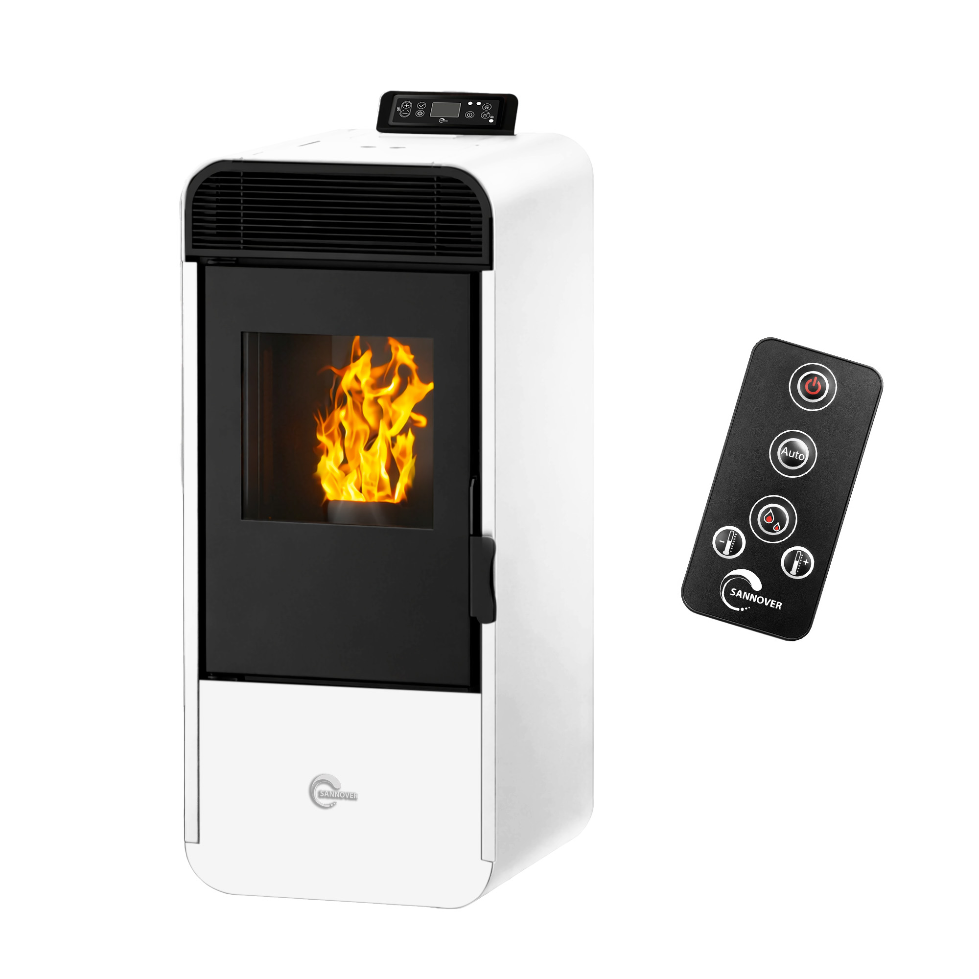 Estufa de pellets blanca con fuego encendido, panel de control digital y mando a distancia negro.