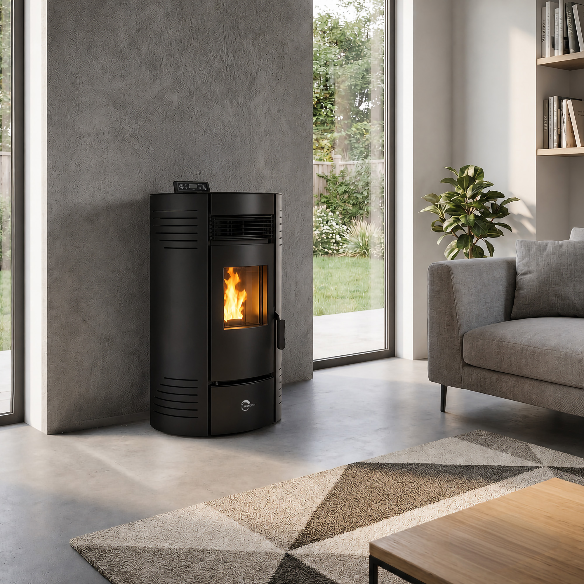 Una estufa de pellets negra arde en una sala de estar moderna junto a una pared gris.