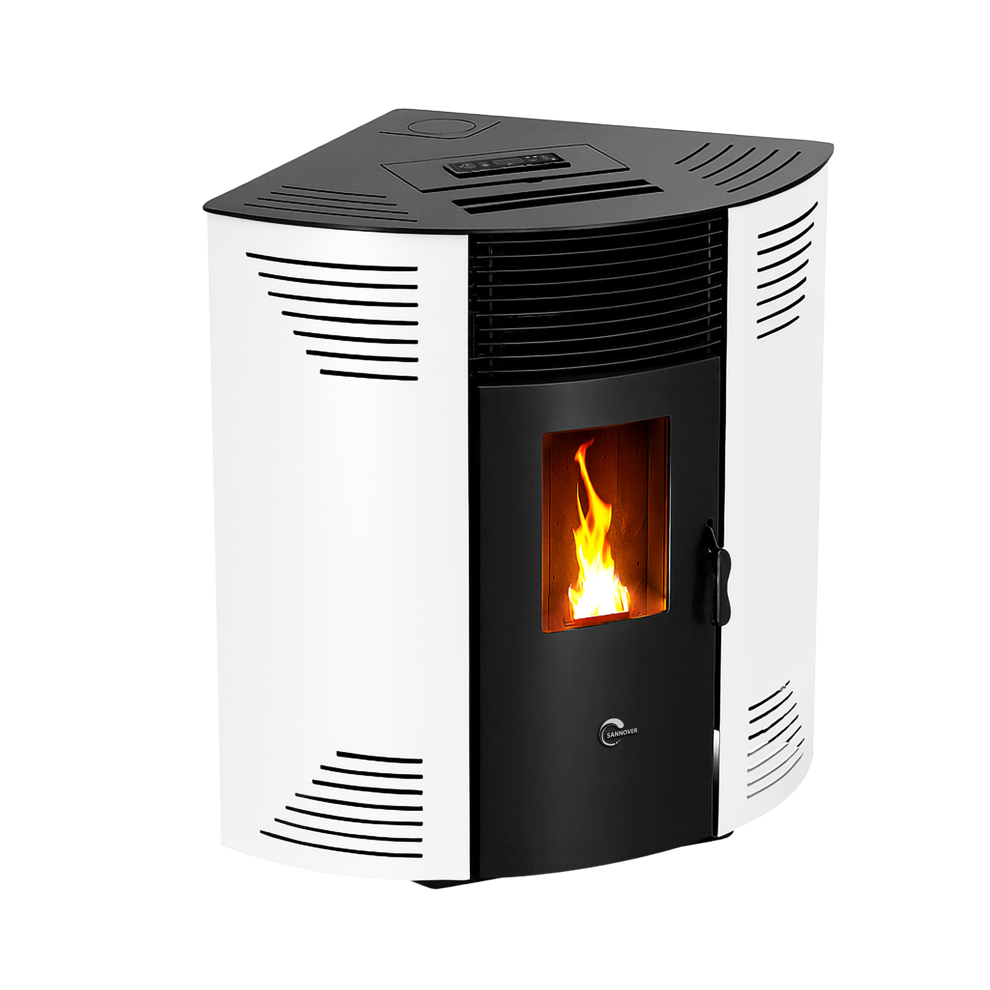 Moderner Eck-Pelletofen in Schwarz und Weiß mit sichtbarer Flamme.