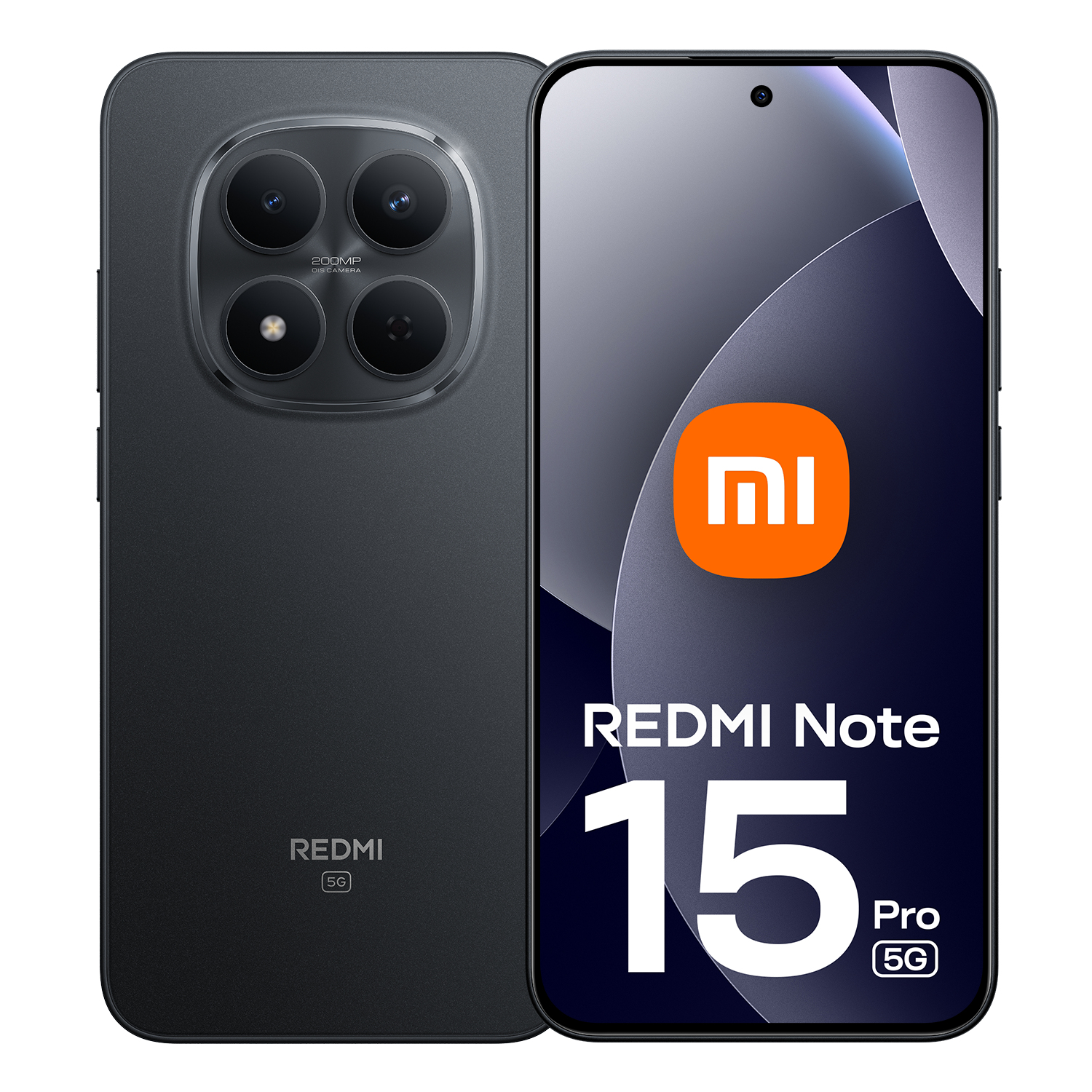 Vista posteriore e anteriore di uno smartphone nero Redmi Note 15 Pro 5G con quattro fotocamere.