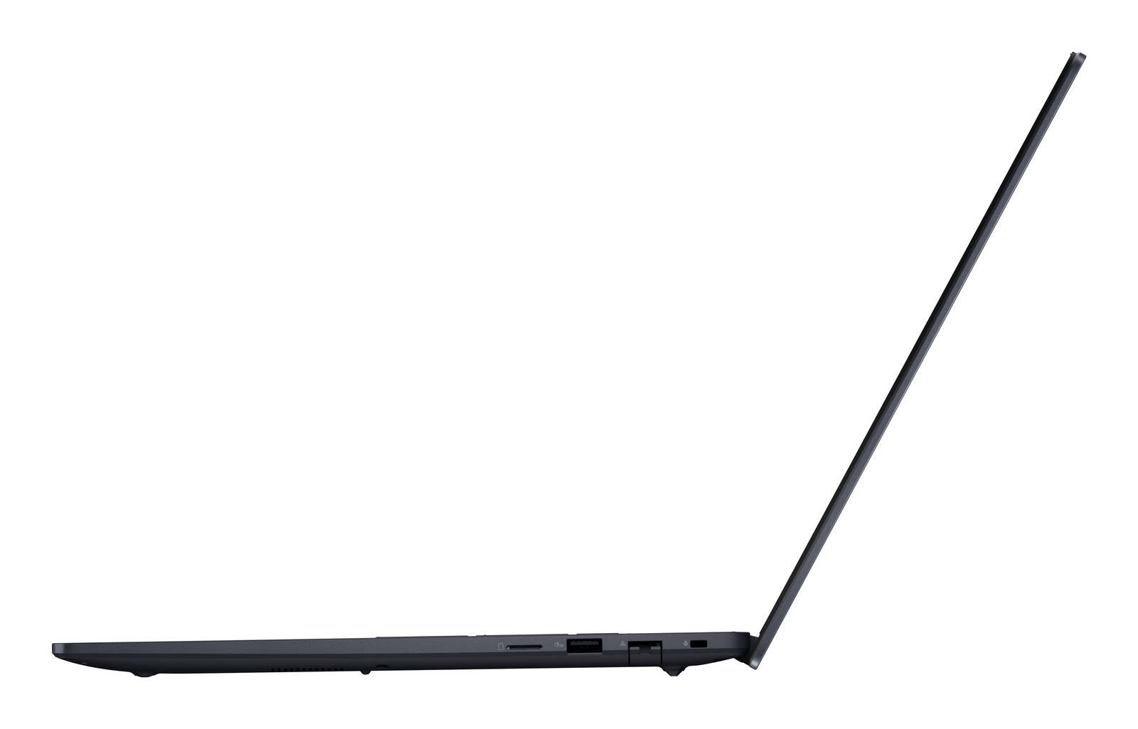 Vista laterale di un laptop sottile e blu scuro con schermo aperto su sfondo bianco.