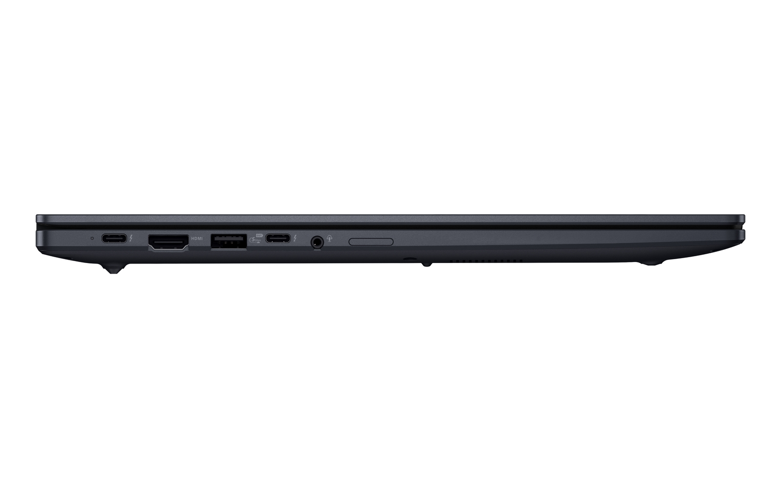Vista laterale di un laptop scuro che mostra varie porte tra cui USB, HDMI e audio.