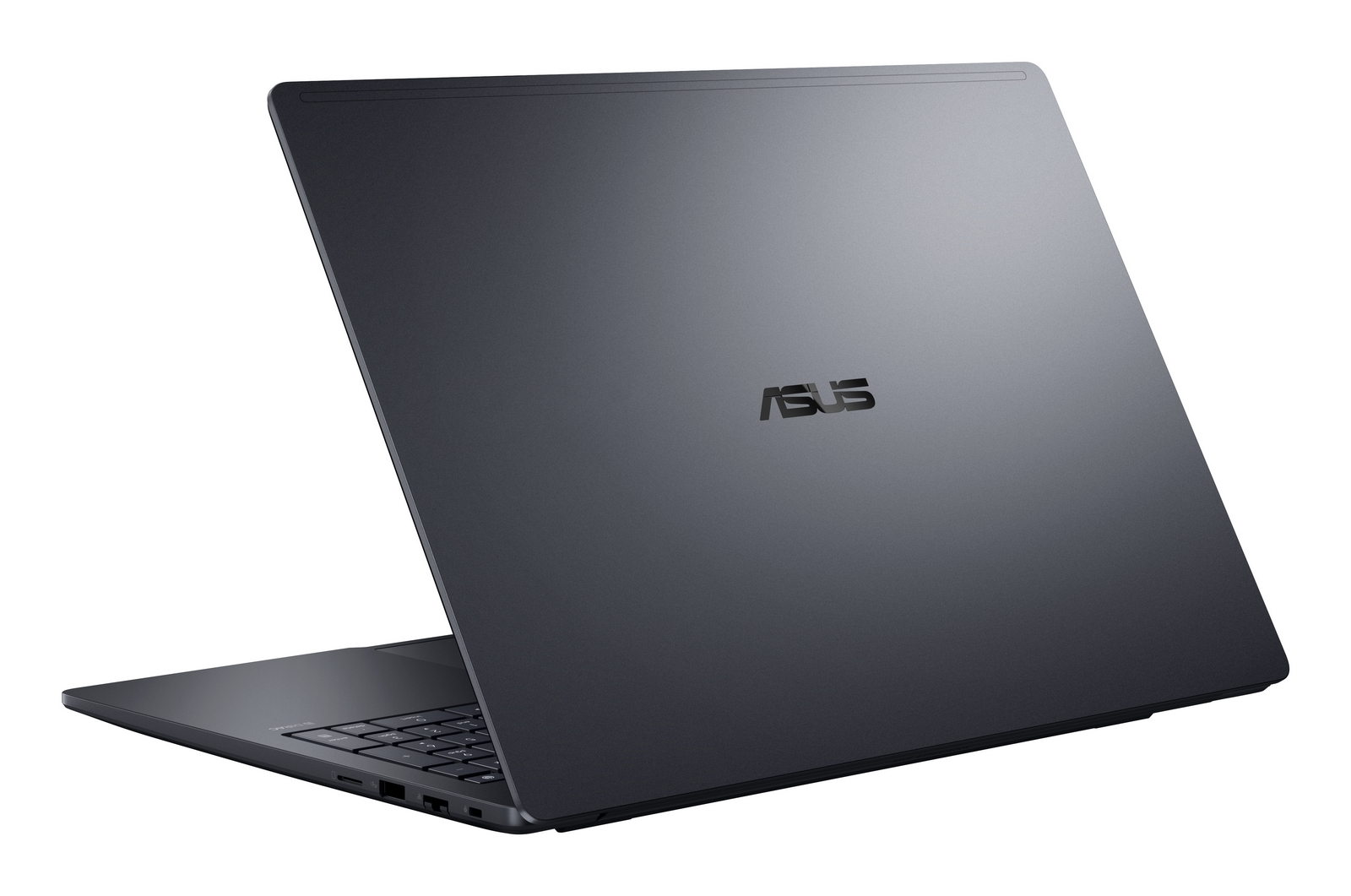 Un elegante laptop ASUS grigio scuro visto da dietro, con coperchio metallico e bordo tastiera su sfondo bianco.