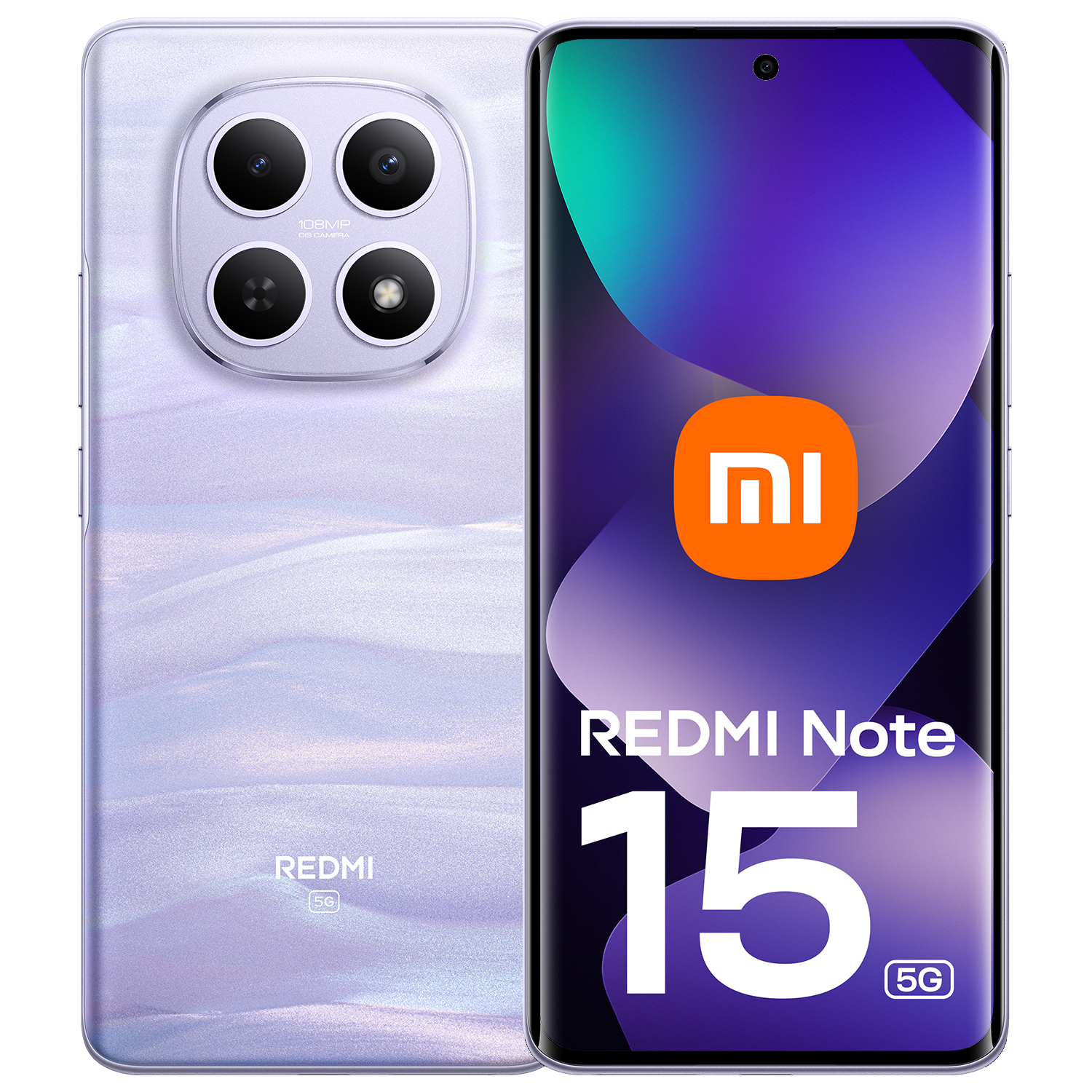 Vorder- und Rückseite eines hellvioletten Redmi Note 15 5G Smartphones mit Vierfach-Kamera und farbigem Display.